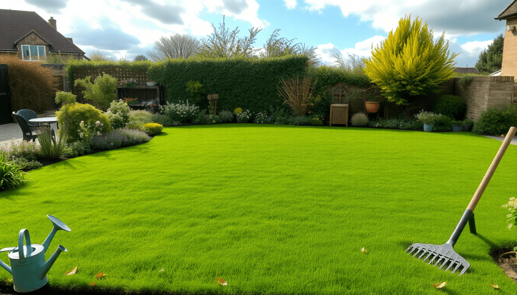 A lush green lawn with seasonal elements, garden tools nearby, neat edging, under a partly cloudy sky in a typical UK garden setting. A lush green lawn with seasonal elements, garden tools nearby, neat edging, under a partly cloudy sky in a typical UK garden setting.