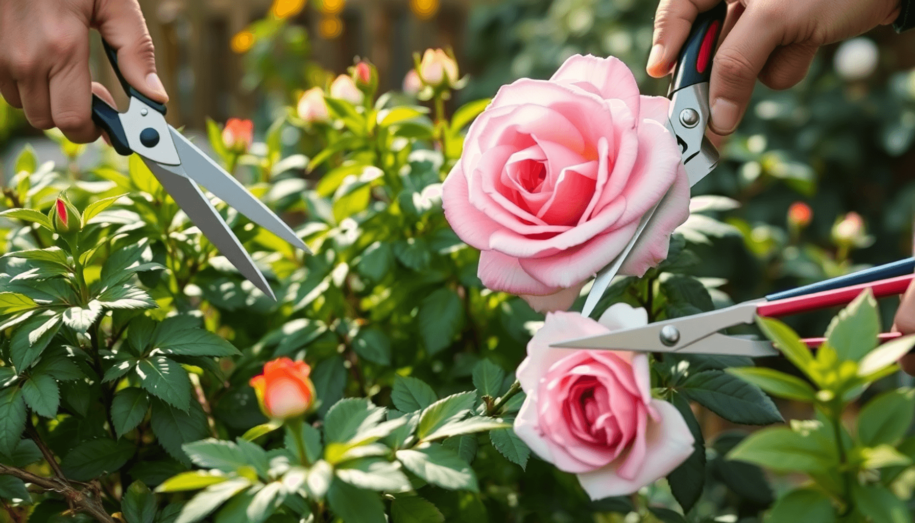 A peaceful garden in early spring with shrubs and blooming roses being pruned using secateurs and loppers under soft natural light. A peaceful garden in early spring with shrubs and blooming roses being pruned using secateurs and loppers under soft natural light.