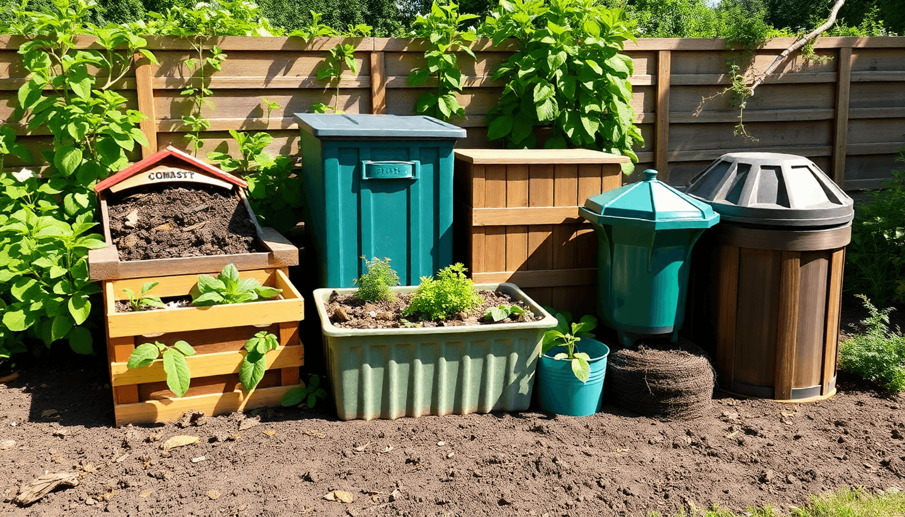 A sunny UK garden with various compost bins, green plants, and organic waste like leaves and kitchen scraps on well-draining soil. A sunny UK garden with various compost bins, green plants, and organic waste like leaves and kitchen scraps on well-draining soil.