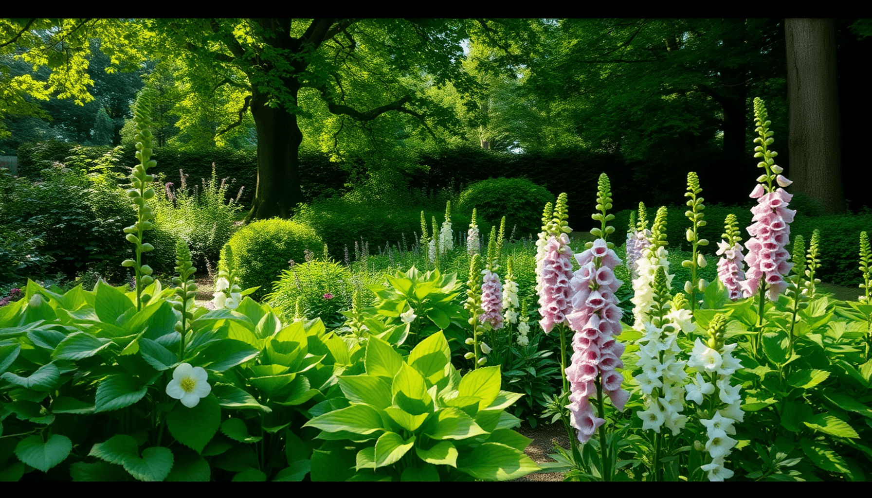 A tranquil UK garden with lush green foliage, shade-loving plants like hellebores and foxgloves, under soft dappled light from tall trees in layere… A tranquil UK garden with lush green foliage, shade-loving plants like hellebores and foxgloves, under soft dappled light from tall trees in layere...