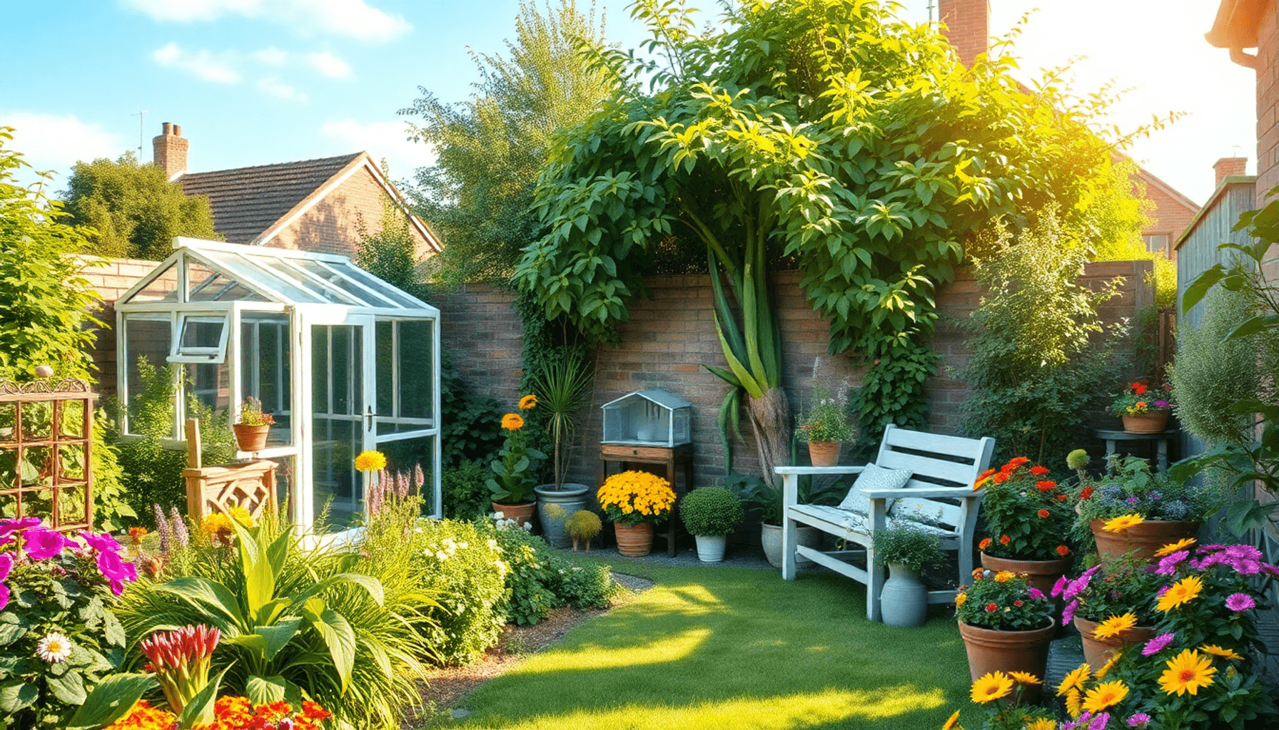 A vibrant UK back garden with lush greenery, colorful flowers, cozy seating, a small greenhouse, bird feeders, and pollinator plants under a soft b...