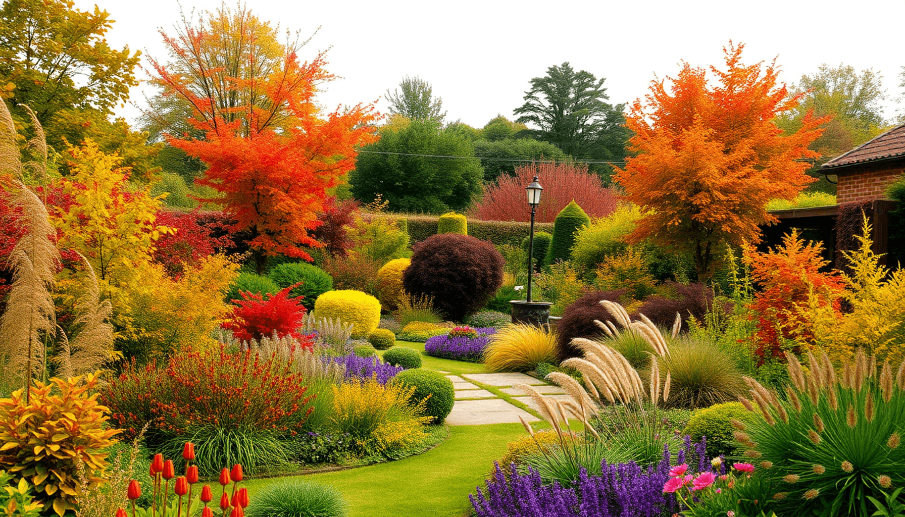 A vibrant UK garden in autumn with colorful foliage, blooming late-season flowers, ornamental grasses, and hardy plants bathed in soft golden light. A vibrant UK garden in autumn with colorful foliage, blooming late-season flowers, ornamental grasses, and hardy plants bathed in soft golden light.