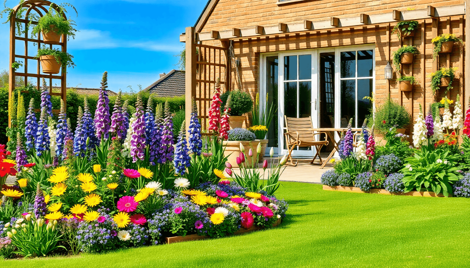 A vibrant UK spring garden with colorful flowers, wooden patio furniture, garden lighting, lush lawn, and vertical planters under a clear blue sky. A vibrant UK spring garden with colorful flowers, wooden patio furniture, garden lighting, lush lawn, and vertical planters under a clear blue sky.