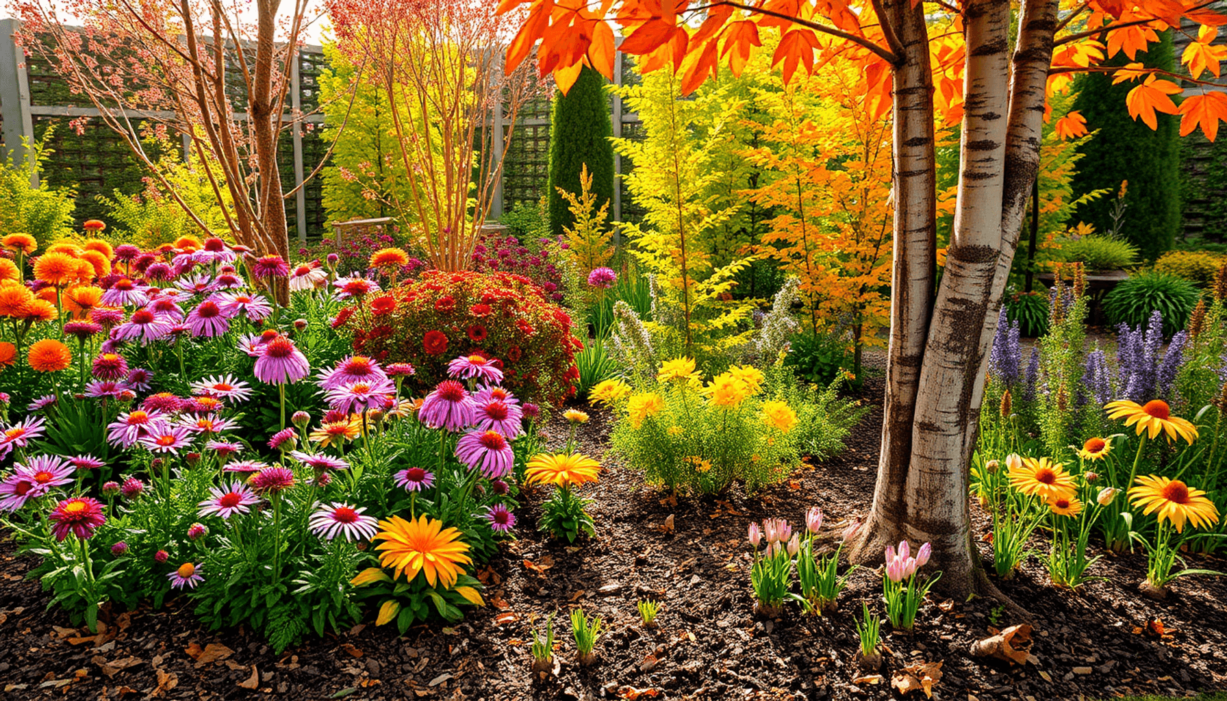 A vibrant autumn garden with asters, dahlias, paperbark maples, rich soil, mulch, sprouting bulbs, and sunlight filtering through colorful leaves. A vibrant autumn garden with asters, dahlias, paperbark maples, rich soil, mulch, sprouting bulbs, and sunlight filtering through colorful leaves.