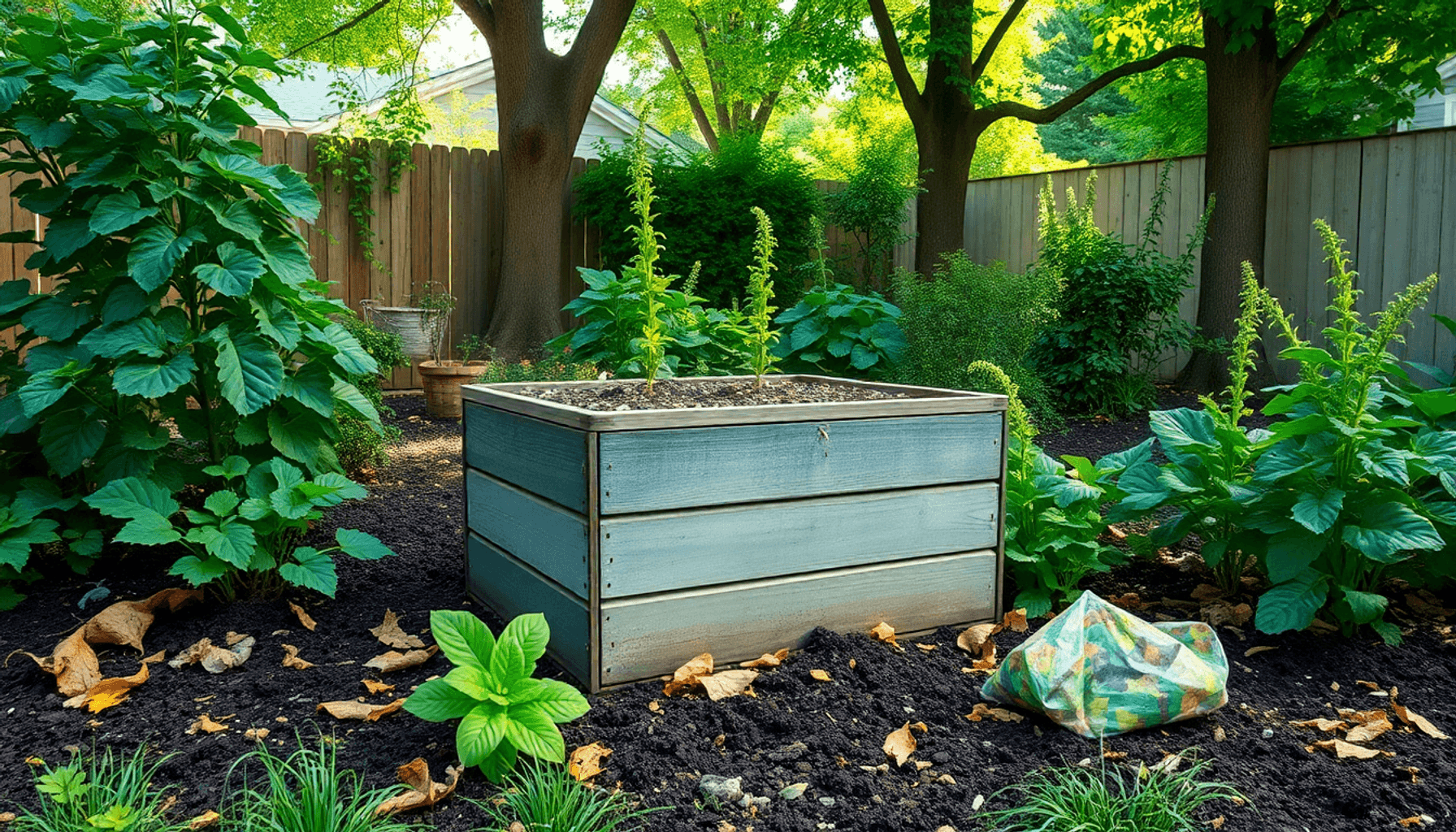 A vibrant backyard garden with a compost bin, healthy plants, soil, fallen leaves, kitchen scraps, and soft sunlight filtering through trees. A vibrant backyard garden with a compost bin, healthy plants, soil, fallen leaves, kitchen scraps, and soft sunlight filtering through trees.