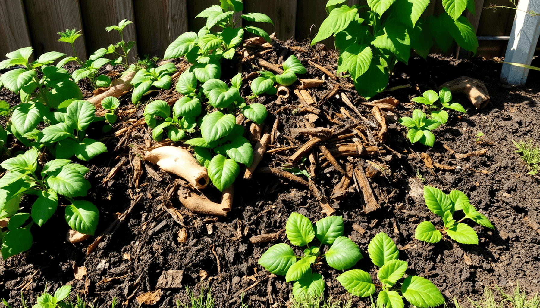 A vibrant garden compost pile with layered green and brown materials breaking down, surrounded by lush plants and rich, dark soil in a sunny backyard. A vibrant garden compost pile with layered green and brown materials breaking down, surrounded by lush plants and rich, dark soil in a sunny backyard.