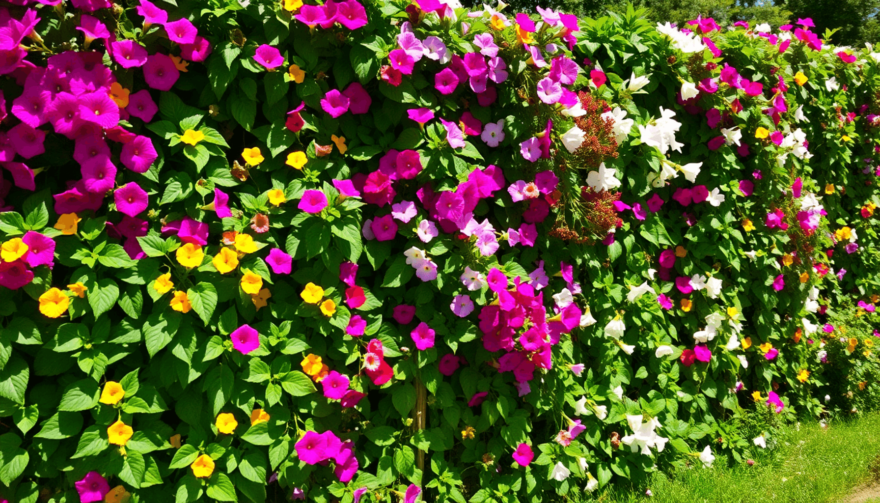 A vibrant garden fence covered with colorful climbing plants and flowers in full bloom, bathed in natural sunlight. A vibrant garden fence covered with colorful climbing plants and flowers in full bloom, bathed in natural sunlight.