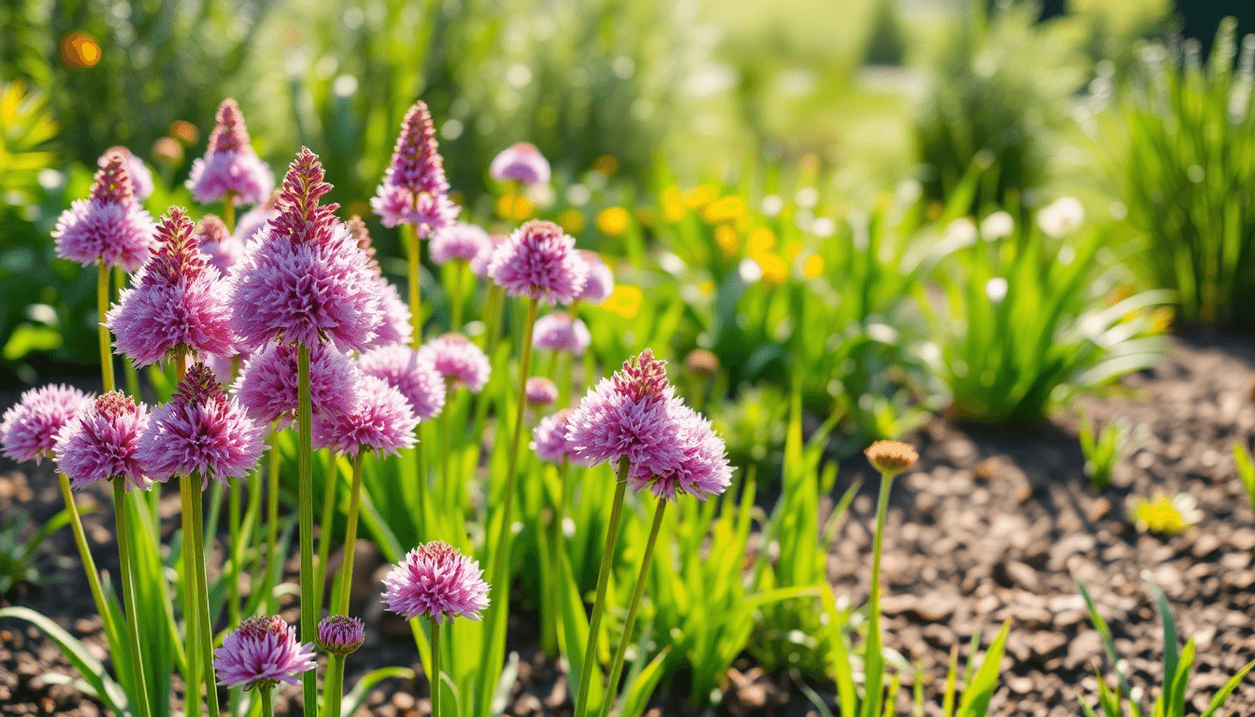 A vibrant garden with tall and small allium flowers blooming under warm sunlight in a well-kept bed with rich soil and soft-focus greenery in the b...