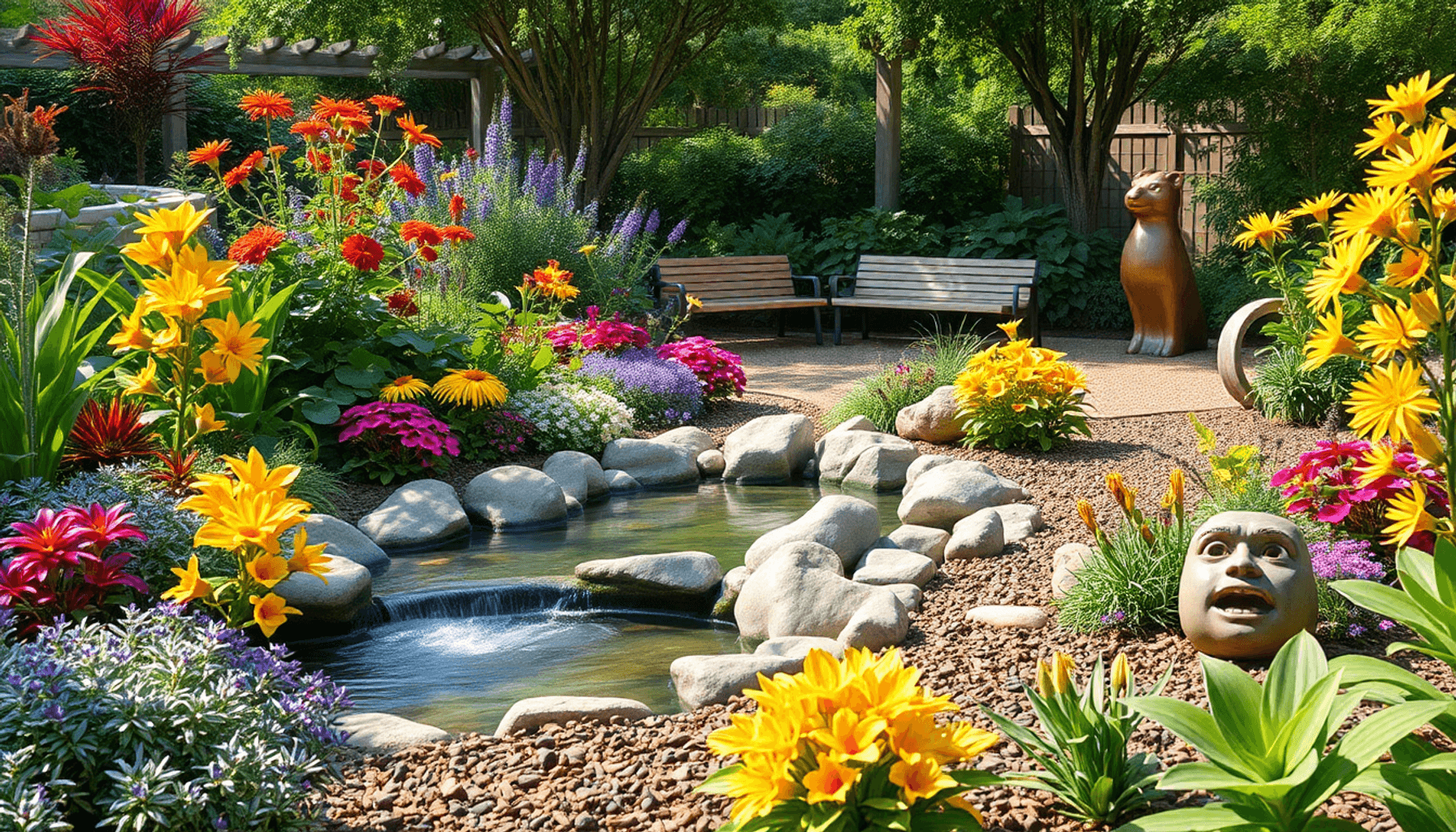 A vibrant sensory garden with colorful plants, a gentle water feature, blooming flowers attracting butterflies, shaded seating, bark mulch paths, a...