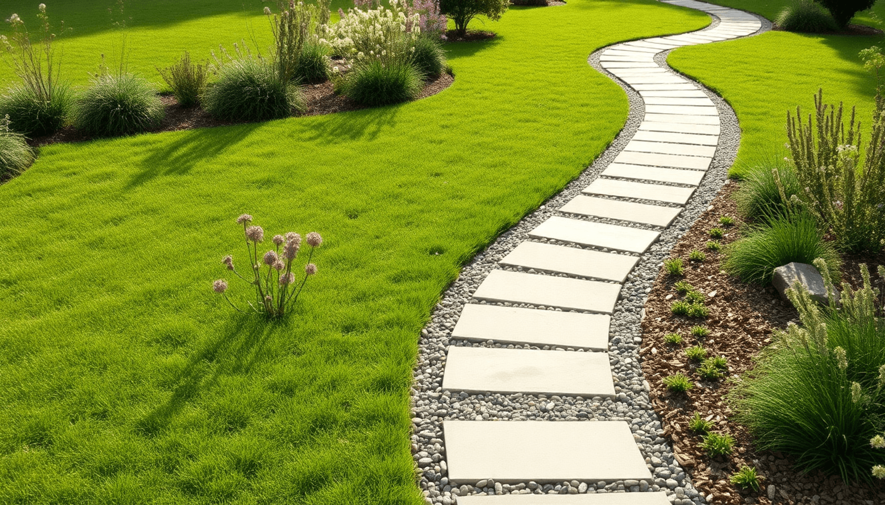 A winding garden path of slate, stones, gravel, and wood chips curves through green grass, flowers, shrubs, and small trees under soft daylight.