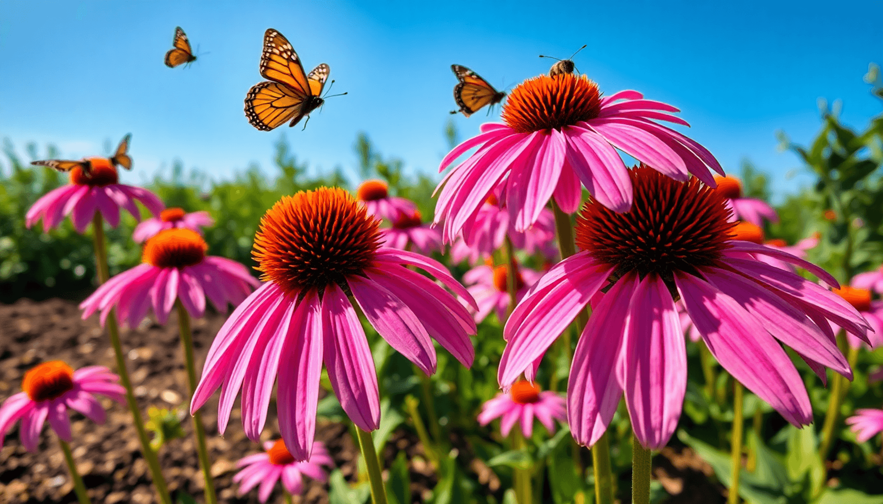 Bright garden with blooming pink Echinacea flowers, bees and butterflies flying, under clear blue sky and warm sunlight. Bright garden with blooming pink Echinacea flowers, bees and butterflies flying, under clear blue sky and warm sunlight.