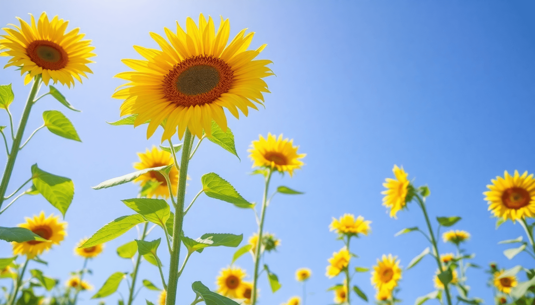 Bright garden with tall sunflowers in full bloom under clear blue sky, green leaves and golden petals gently swaying in sunlight.