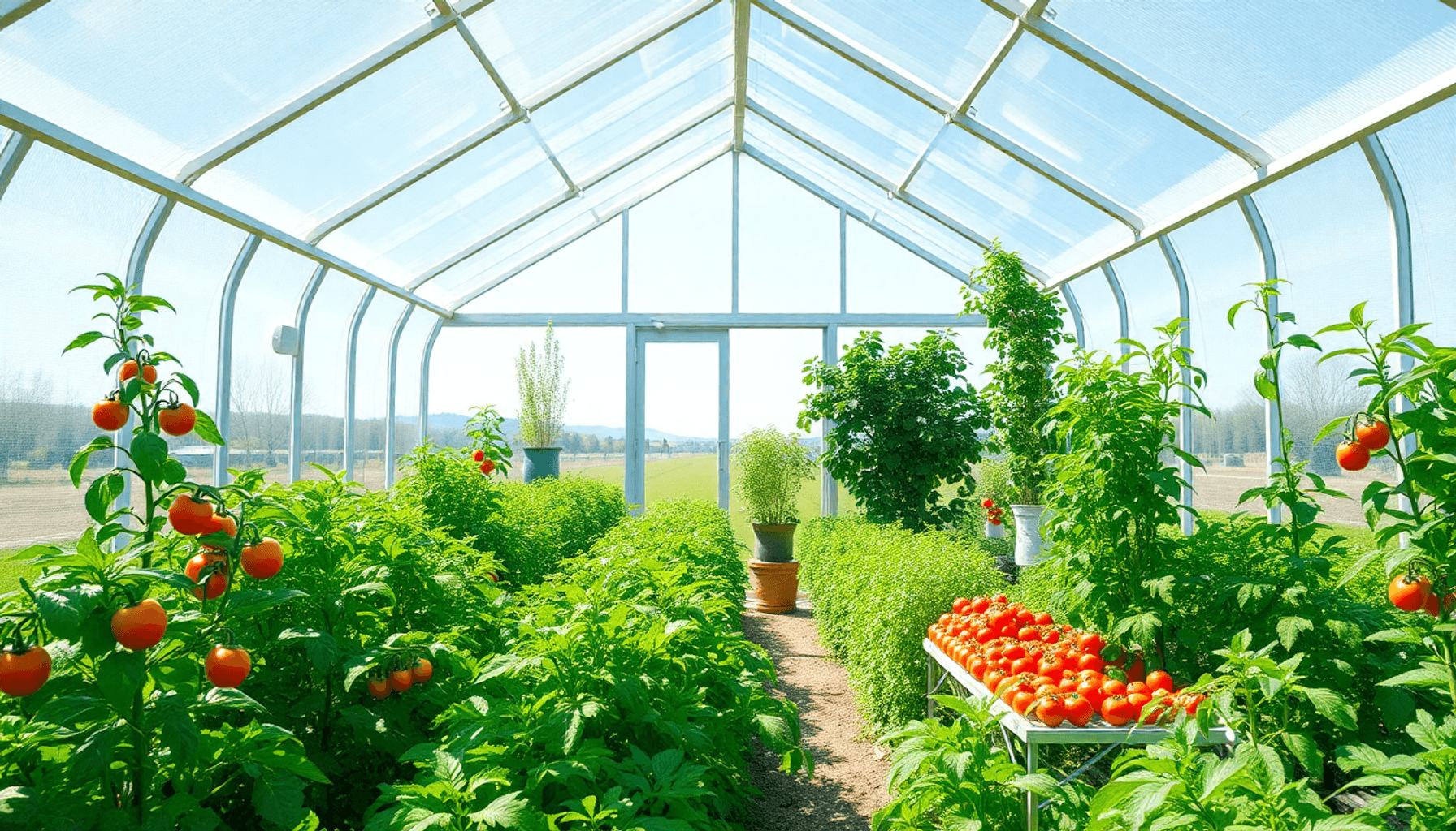 Bright greenhouse with lush plants, colorful vegetables, and sunlight streaming in, surrounded by a green garden under a clear blue sky. Bright greenhouse with lush plants, colorful vegetables, and sunlight streaming in, surrounded by a green garden under a clear blue sky.