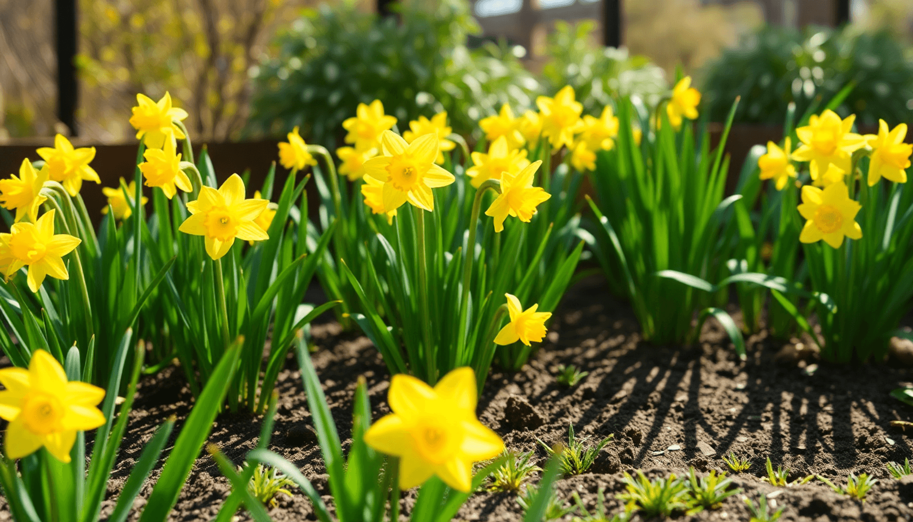 Bright yellow daffodils blooming in a sunny garden with green leaves and rich soil, symbolizing spring growth and gardening care. Bright yellow daffodils blooming in a sunny garden with green leaves and rich soil, symbolizing spring growth and gardening care.