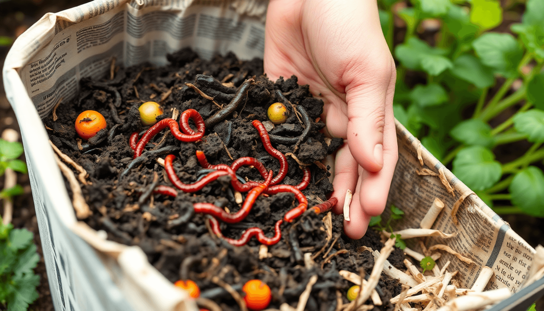Close-up of a worm composting bin with dark soil, red wiggler worms, shredded newspaper, vegetable scraps, and vibrant green plants in the background. Close-up of a worm composting bin with dark soil, red wiggler worms, shredded newspaper, vegetable scraps, and vibrant green plants in the background.