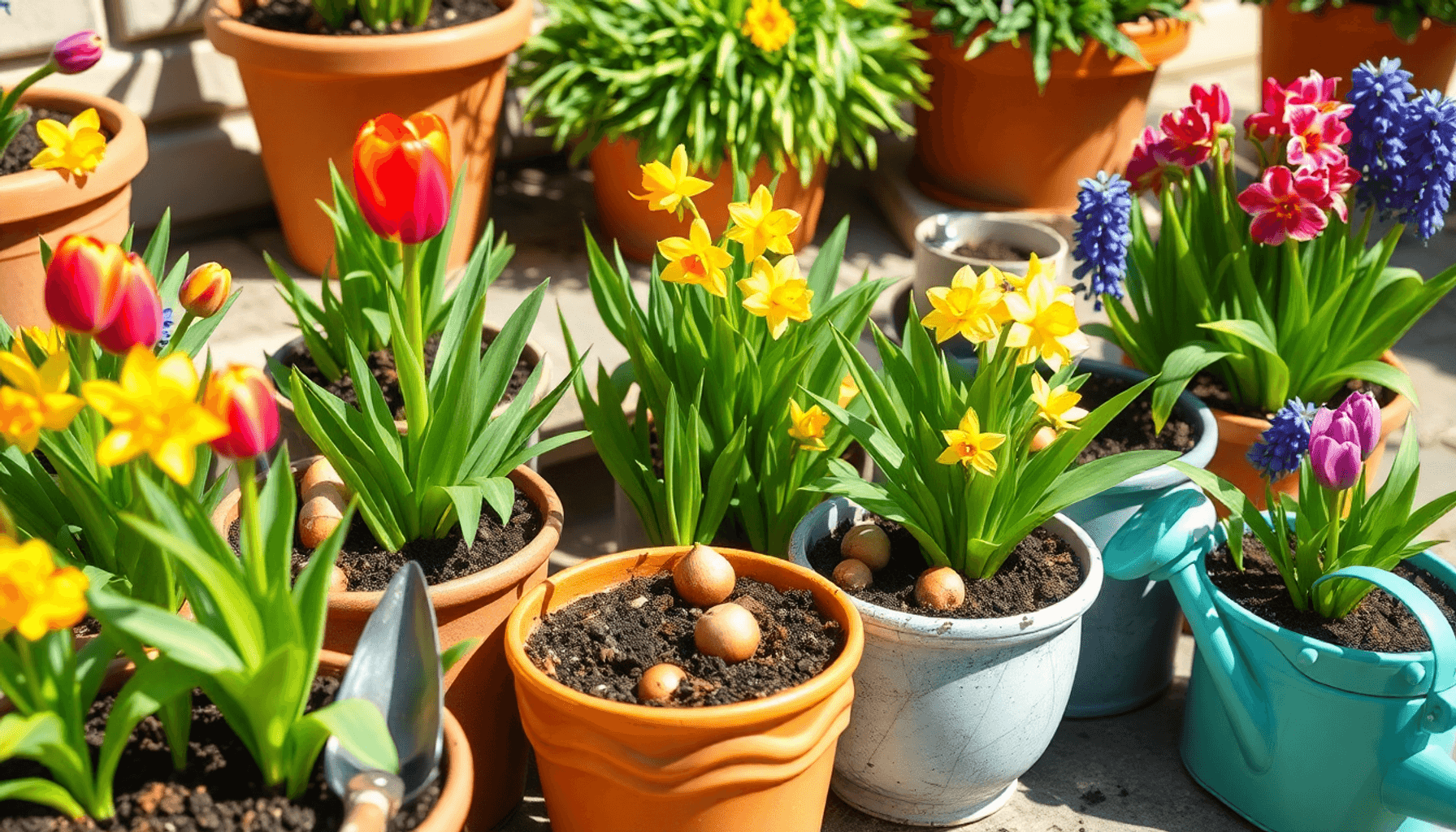 Close-up of colorful spring flower bulbs in decorative pots on a sunny patio with tulips, daffodils, hyacinths, gardening tools, and fresh green le… Close-up of colorful spring flower bulbs in decorative pots on a sunny patio with tulips, daffodils, hyacinths, gardening tools, and fresh green le...