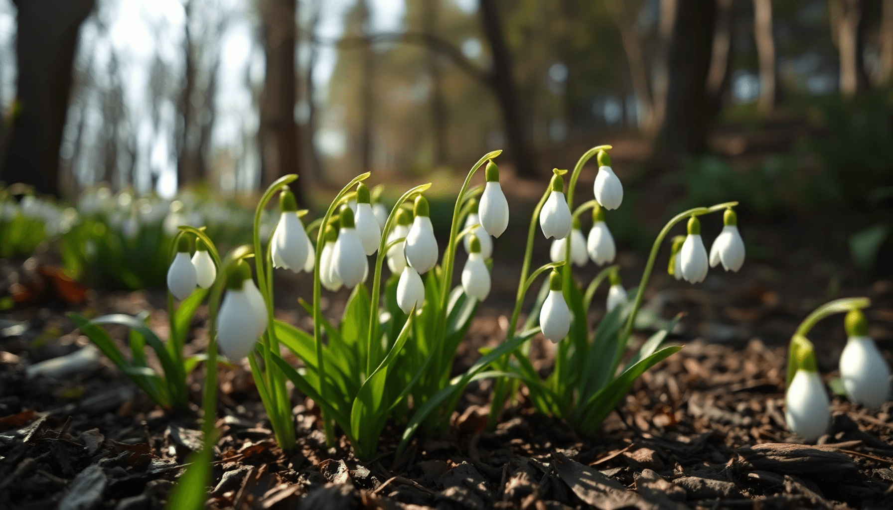 Close-up of delicate white snowdrop flowers blooming in a shaded woodland garden with soft light and green foliage in early spring. Close-up of delicate white snowdrop flowers blooming in a shaded woodland garden with soft light and green foliage in early spring.