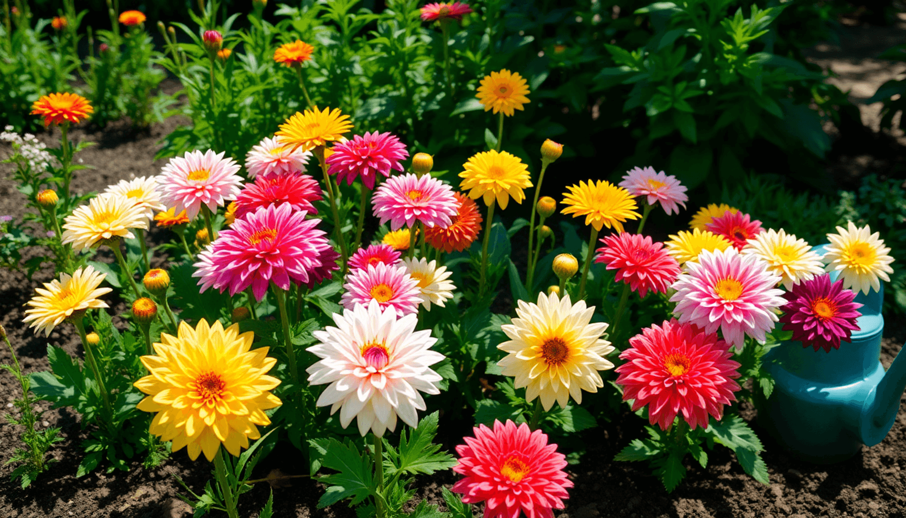Colorful dahlia flowers blooming in a vibrant garden with green foliage, dark soil, and gardening tools like a trowel and watering can nearby. Colorful dahlia flowers blooming in a vibrant garden with green foliage, dark soil, and gardening tools like a trowel and watering can nearby.