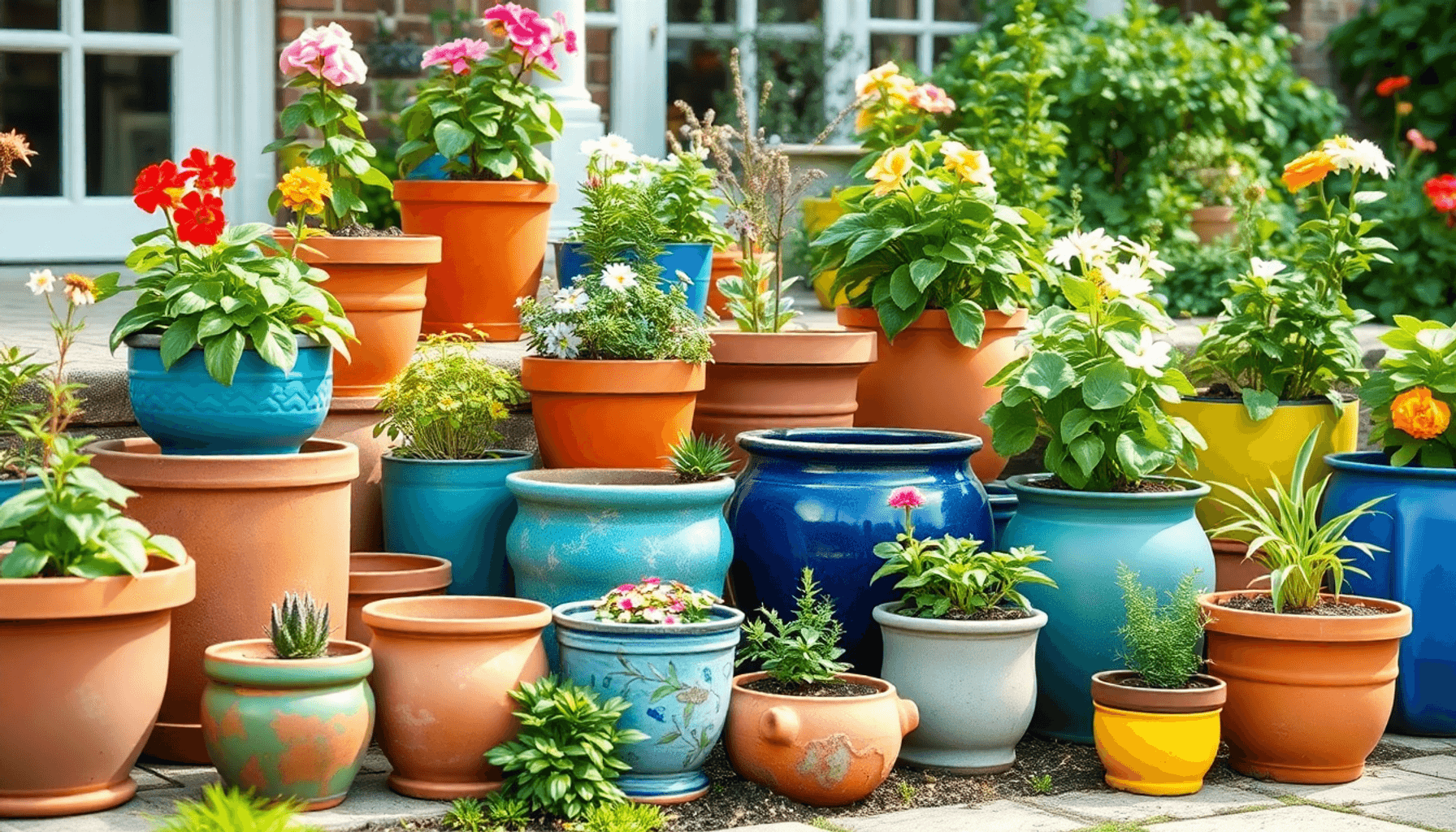 Colorful pots of various shapes and sizes with lush plants and flowers arranged on a sunlit patio and garden bed, showcasing vibrant outdoor greenery. Colorful pots of various shapes and sizes with lush plants and flowers arranged on a sunlit patio and garden bed, showcasing vibrant outdoor greenery.