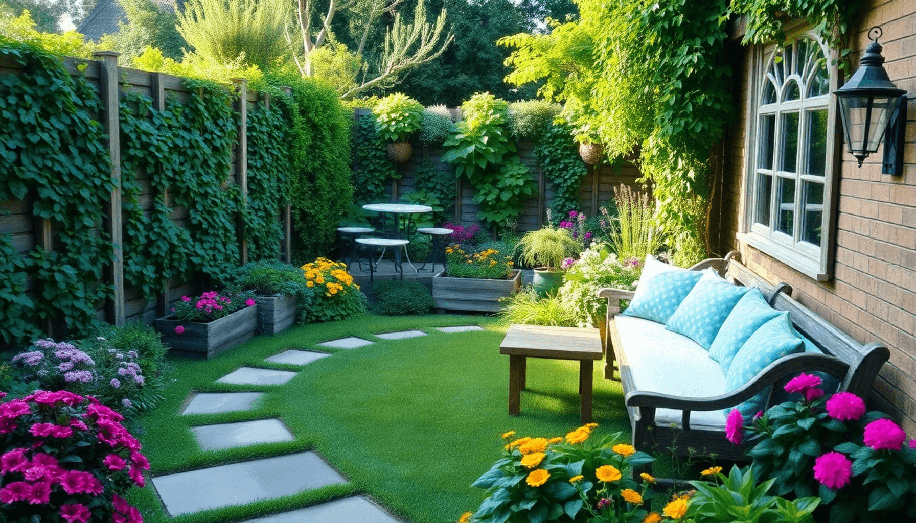 Cozy UK garden with vertical plants, curved stone paths, raised flower beds, and multifunctional seating surrounded by colorful flowers in soft nat… Cozy UK garden with vertical plants, curved stone paths, raised flower beds, and multifunctional seating surrounded by colorful flowers in soft nat...