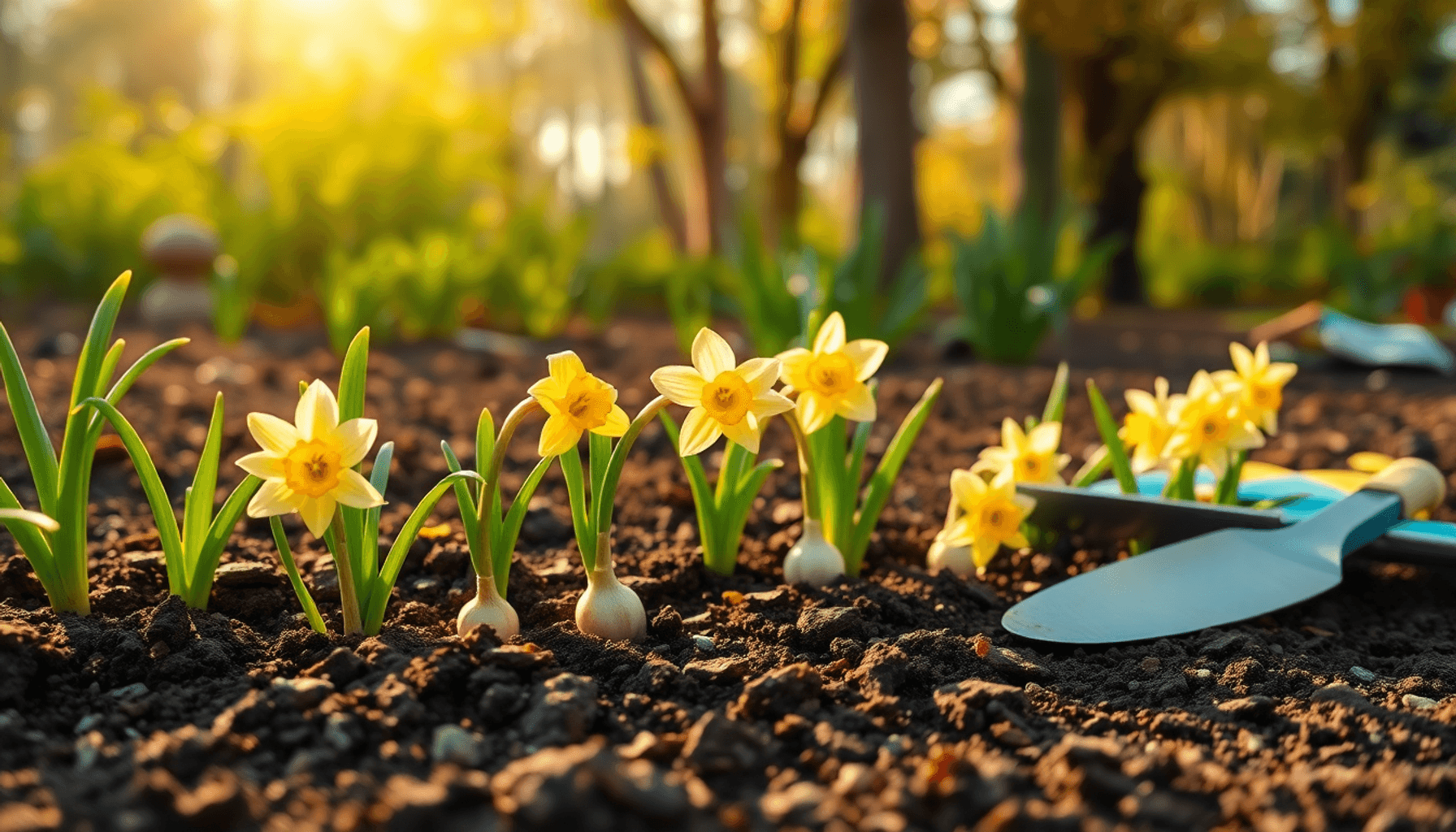 Freshly planted daffodil bulbs in rich soil with green leaves, gardening tools nearby, bathed in soft golden light and gentle sunlight through trees. Freshly planted daffodil bulbs in rich soil with green leaves, gardening tools nearby, bathed in soft golden light and gentle sunlight through trees.