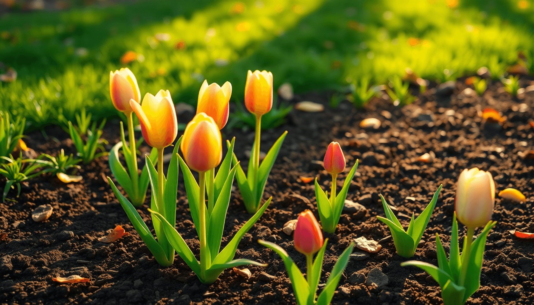 Freshly planted tulip bulbs in rich soil under soft golden light, with green grass and subtle fall foliage in the background, capturing early autum… Freshly planted tulip bulbs in rich soil under soft golden light, with green grass and subtle fall foliage in the background, capturing early autum...