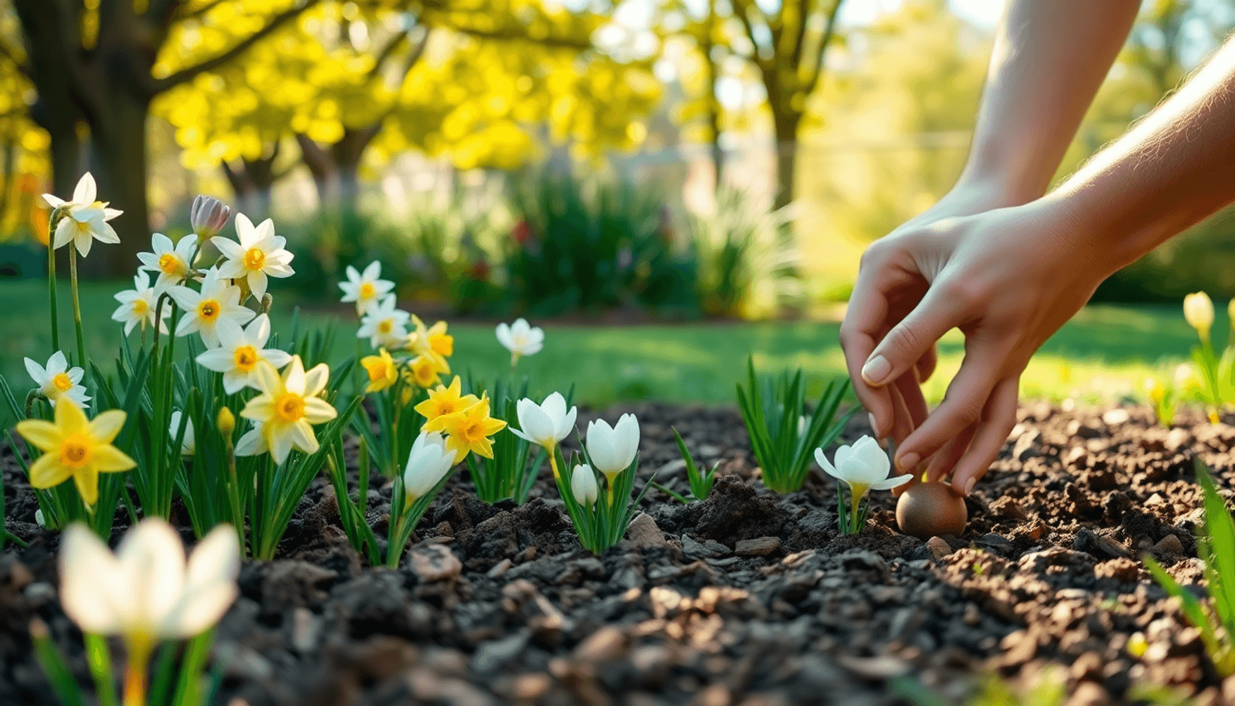 Gardener’s hands planting spring bulbs like daffodils and tulips in rich soil with leafy trees and soft sunlight in a vibrant early autumn garden. Gardener's hands planting spring bulbs like daffodils and tulips in rich soil with leafy trees and soft sunlight in a vibrant early autumn garden.