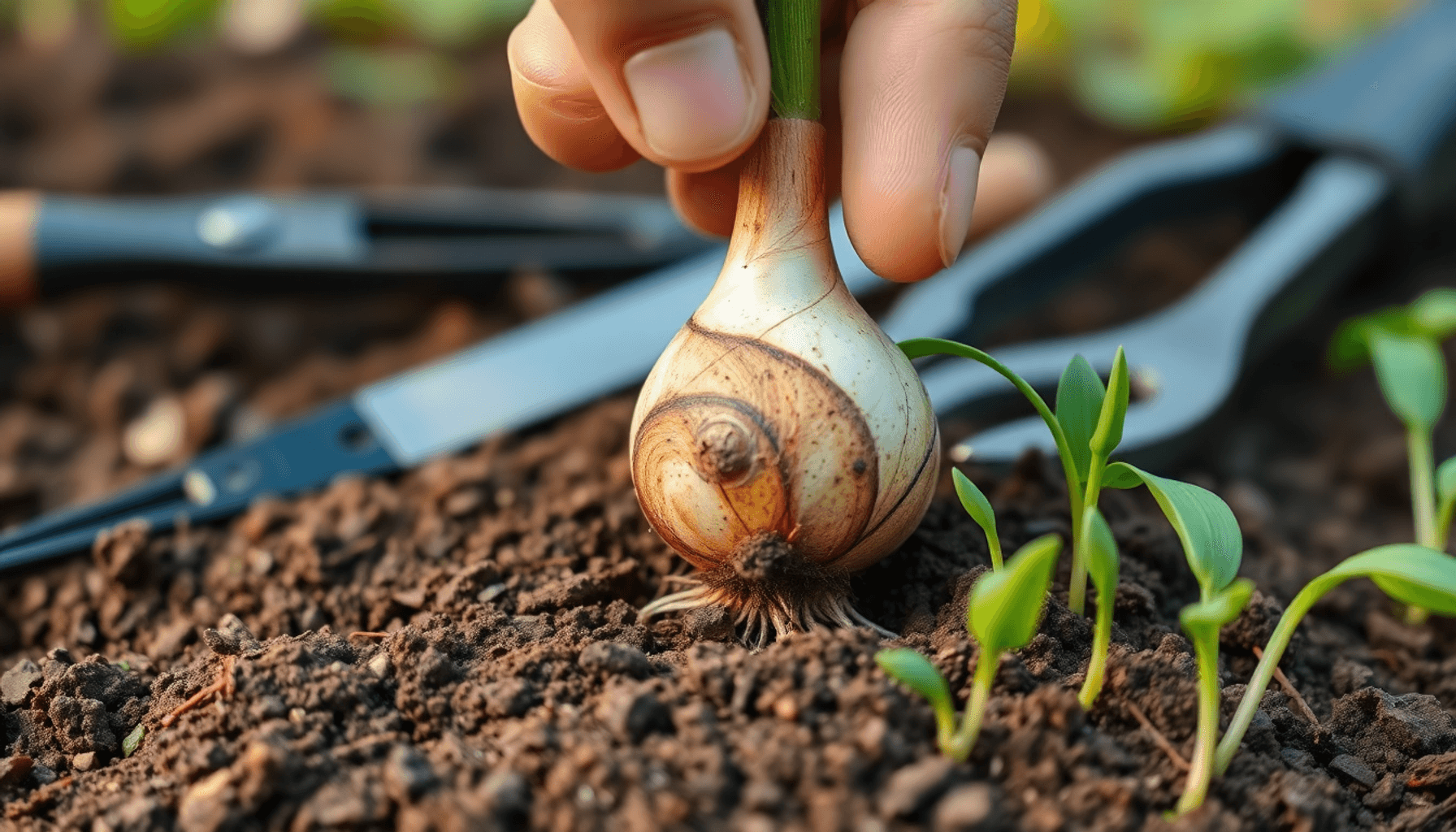 Hand planting a bulb in rich soil with gardening tools and green sprouts nearby, set against a soft natural garden background. Hand planting a bulb in rich soil with gardening tools and green sprouts nearby, set against a soft natural garden background.