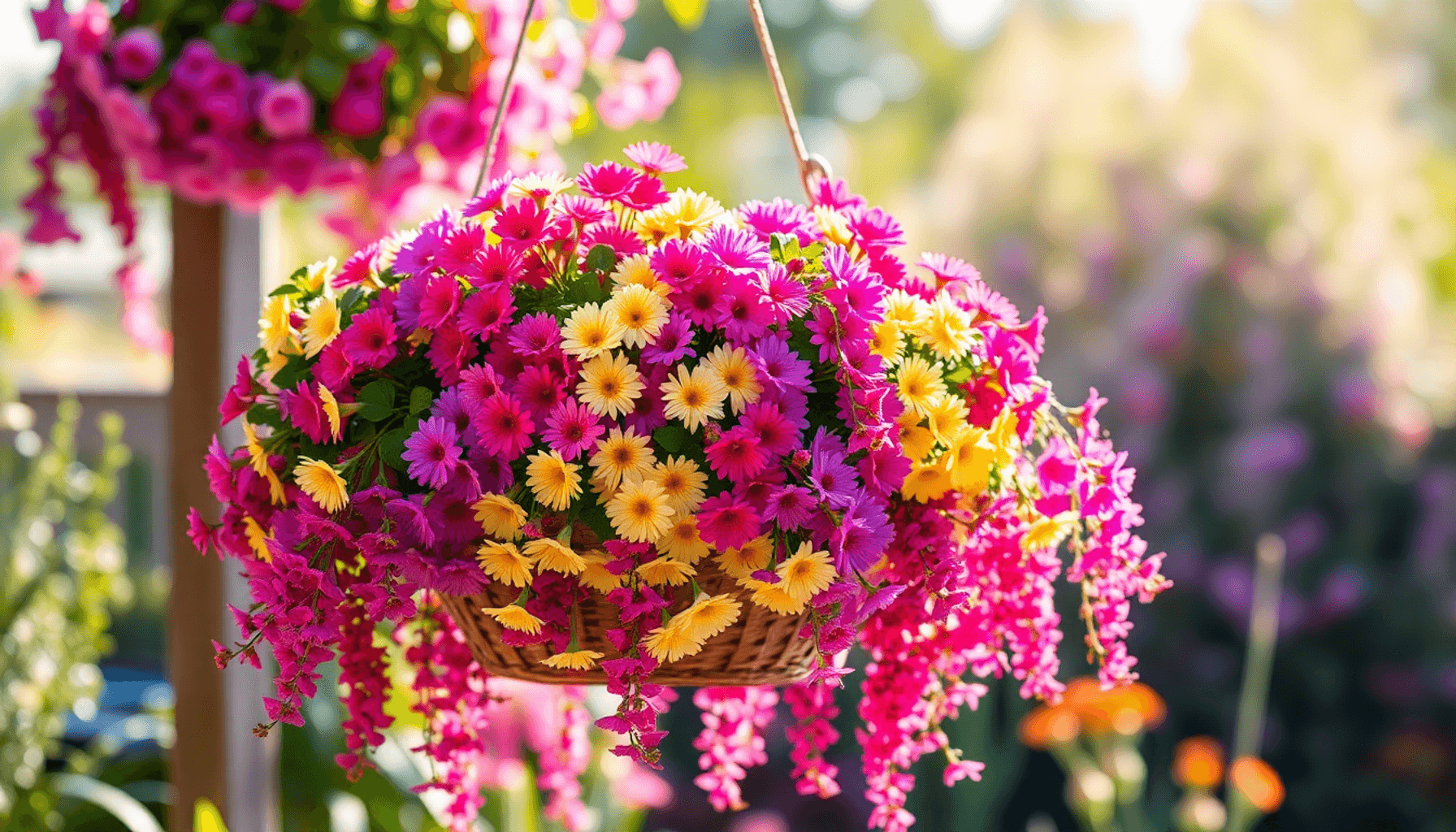 Hanging basket bursting with colorful trailing flowers and green leaves, set against a sunlit garden background. Hanging basket bursting with colorful trailing flowers and green leaves, set against a sunlit garden background.