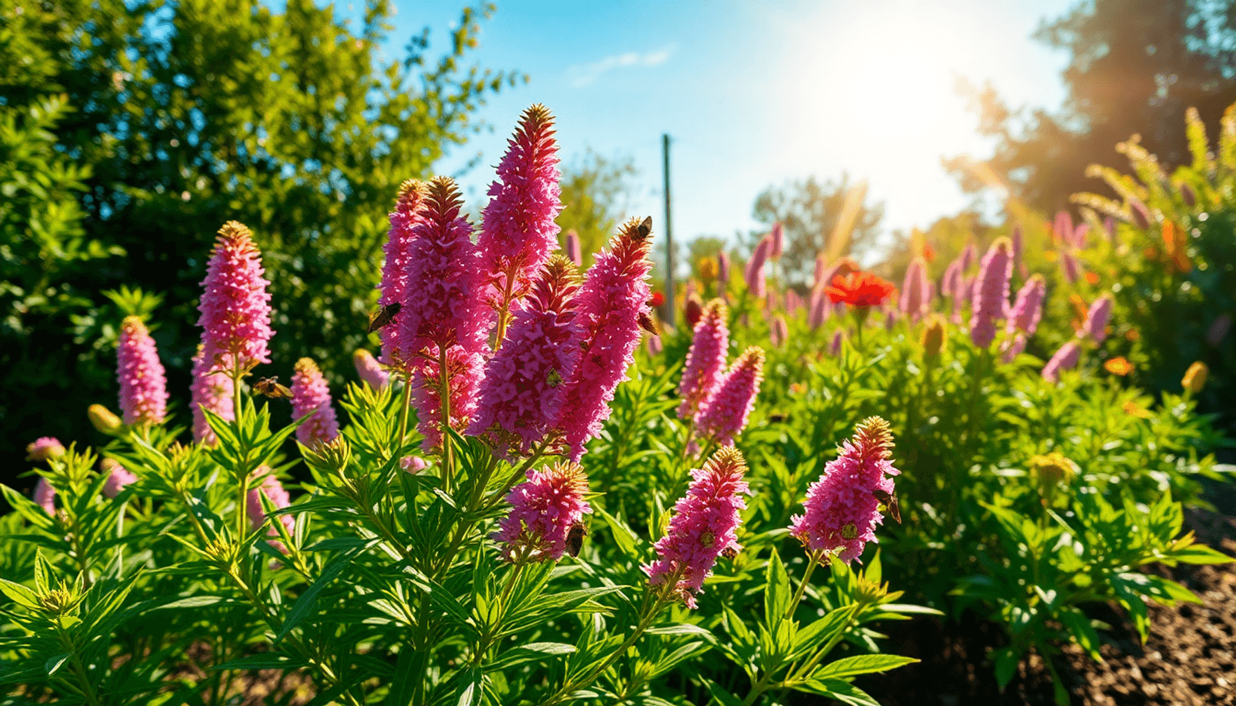 Lush Buddleia bush in full bloom with butterflies and bees, surrounded by green foliage under a clear blue sky in warm sunlight. Lush Buddleia bush in full bloom with butterflies and bees, surrounded by green foliage under a clear blue sky in warm sunlight.