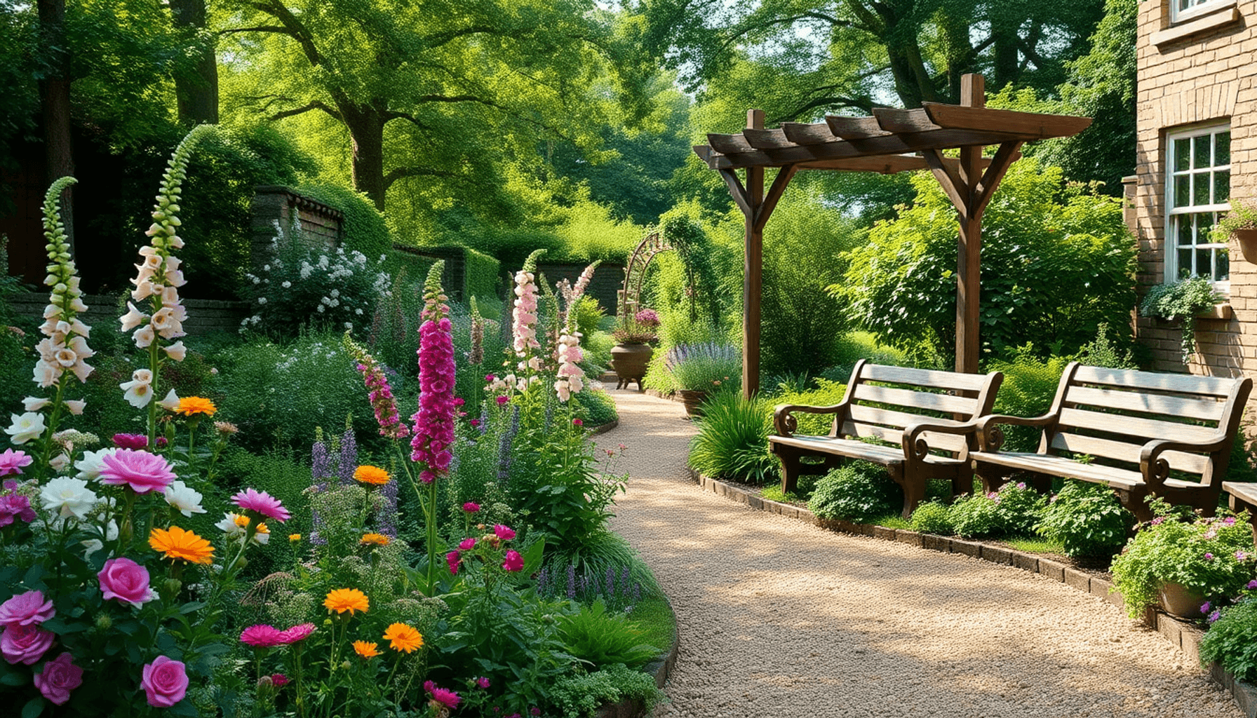 Lush UK cottage garden with colorful flowers, winding gravel paths, stone walls, wooden trellises, rustic benches, and soft sunlight through leafy … Lush UK cottage garden with colorful flowers, winding gravel paths, stone walls, wooden trellises, rustic benches, and soft sunlight through leafy ...