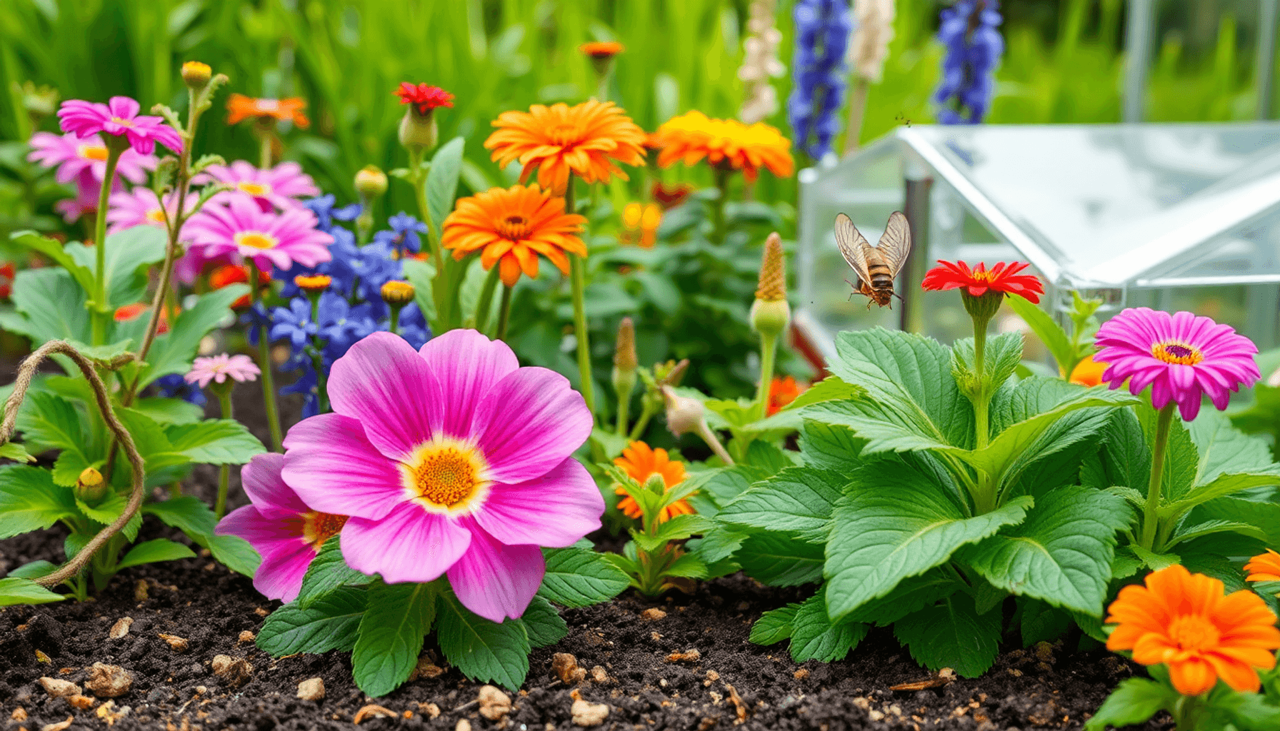 Lush UK garden with healthy plants, flowers, aphids on leaves, slugs near soil, and whiteflies around greenhouse plants in soft natural daylight. Lush UK garden with healthy plants, flowers, aphids on leaves, slugs near soil, and whiteflies around greenhouse plants in soft natural daylight.