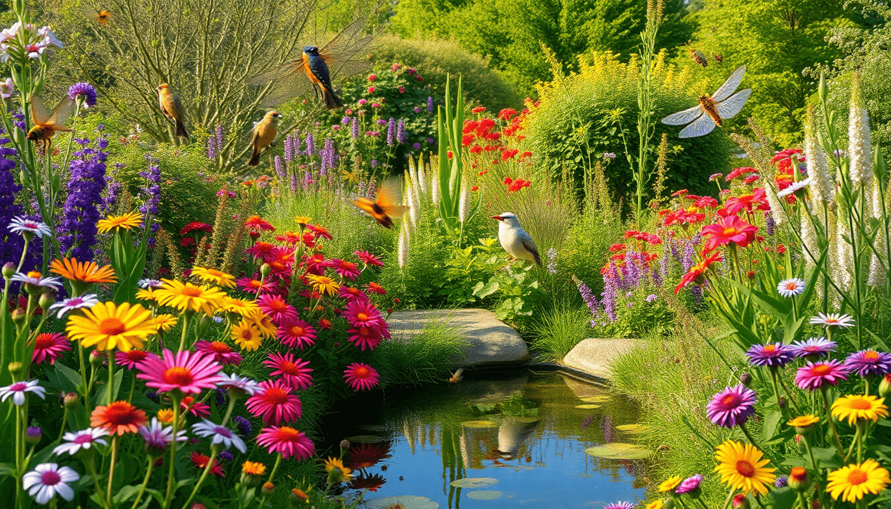 Lush UK garden with wildflowers, shrubs, trees, a small pond, dragonflies, birds, bees, and butterflies in soft natural daylight.