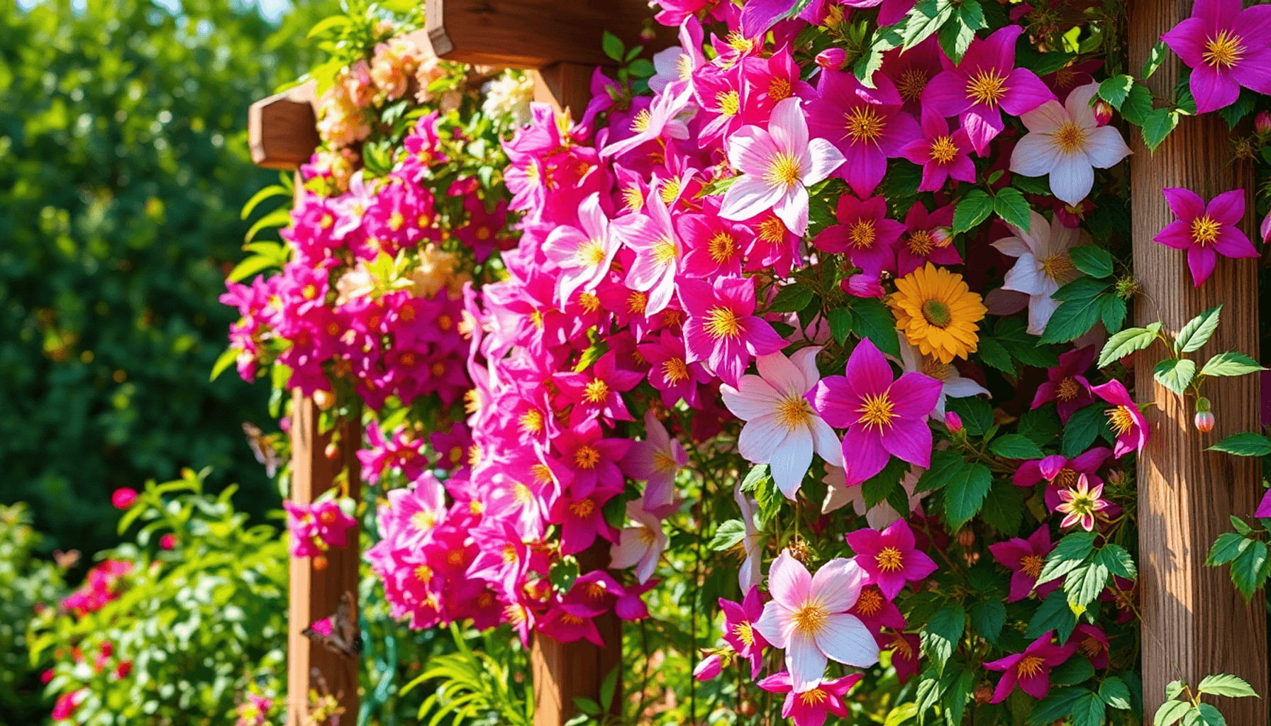 Lush clematis vines with colorful flowers climbing a rustic wooden trellis, surrounded by green foliage and soft sunlight with bees and butterflies… Lush clematis vines with colorful flowers climbing a rustic wooden trellis, surrounded by green foliage and soft sunlight with bees and butterflies...