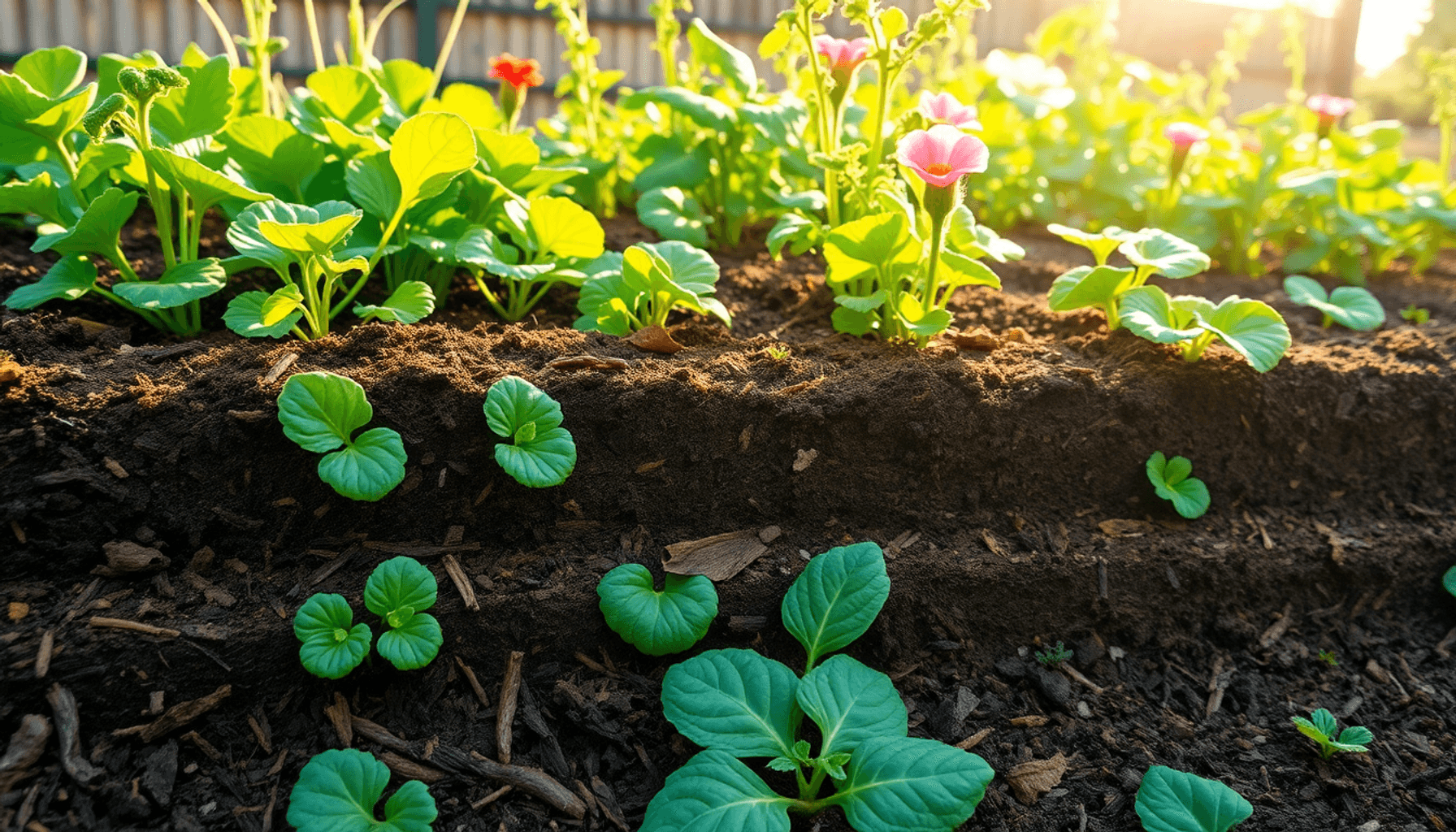 Lush garden bed with green vegetables, flowers, rich soil layers showing earthworms and fungi, bathed in soft sunlight. Lush garden bed with green vegetables, flowers, rich soil layers showing earthworms and fungi, bathed in soft sunlight.