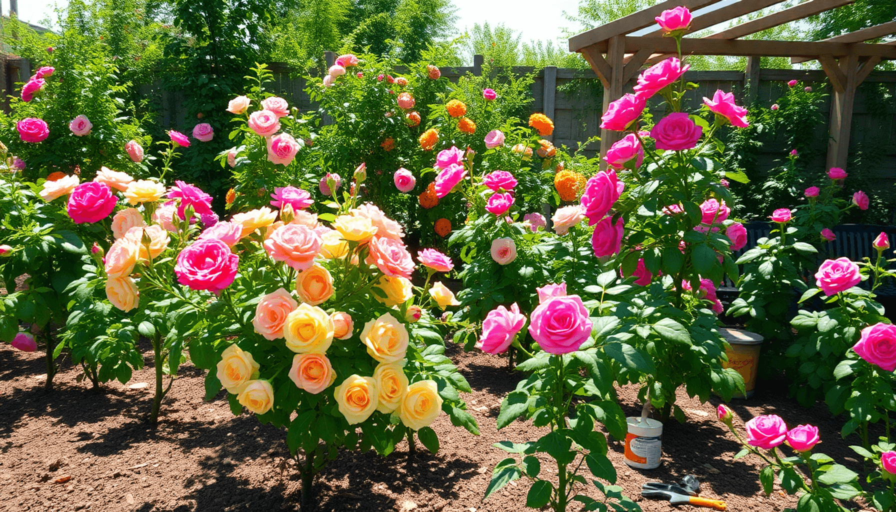 Lush garden with blooming climbing, shrub, and patio roses under sunlight, rich soil, sheltered spot, and nearby gardening tools. Lush garden with blooming climbing, shrub, and patio roses under sunlight, rich soil, sheltered spot, and nearby gardening tools.