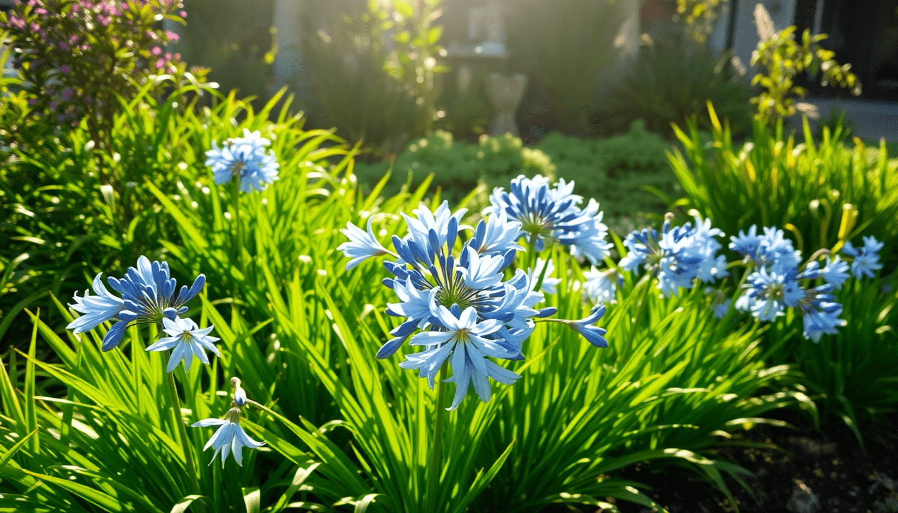 Lush garden with green foliage and clusters of blue and white Agapanthus flowers blooming in warm sunlight. Lush garden with green foliage and clusters of blue and white Agapanthus flowers blooming in warm sunlight.