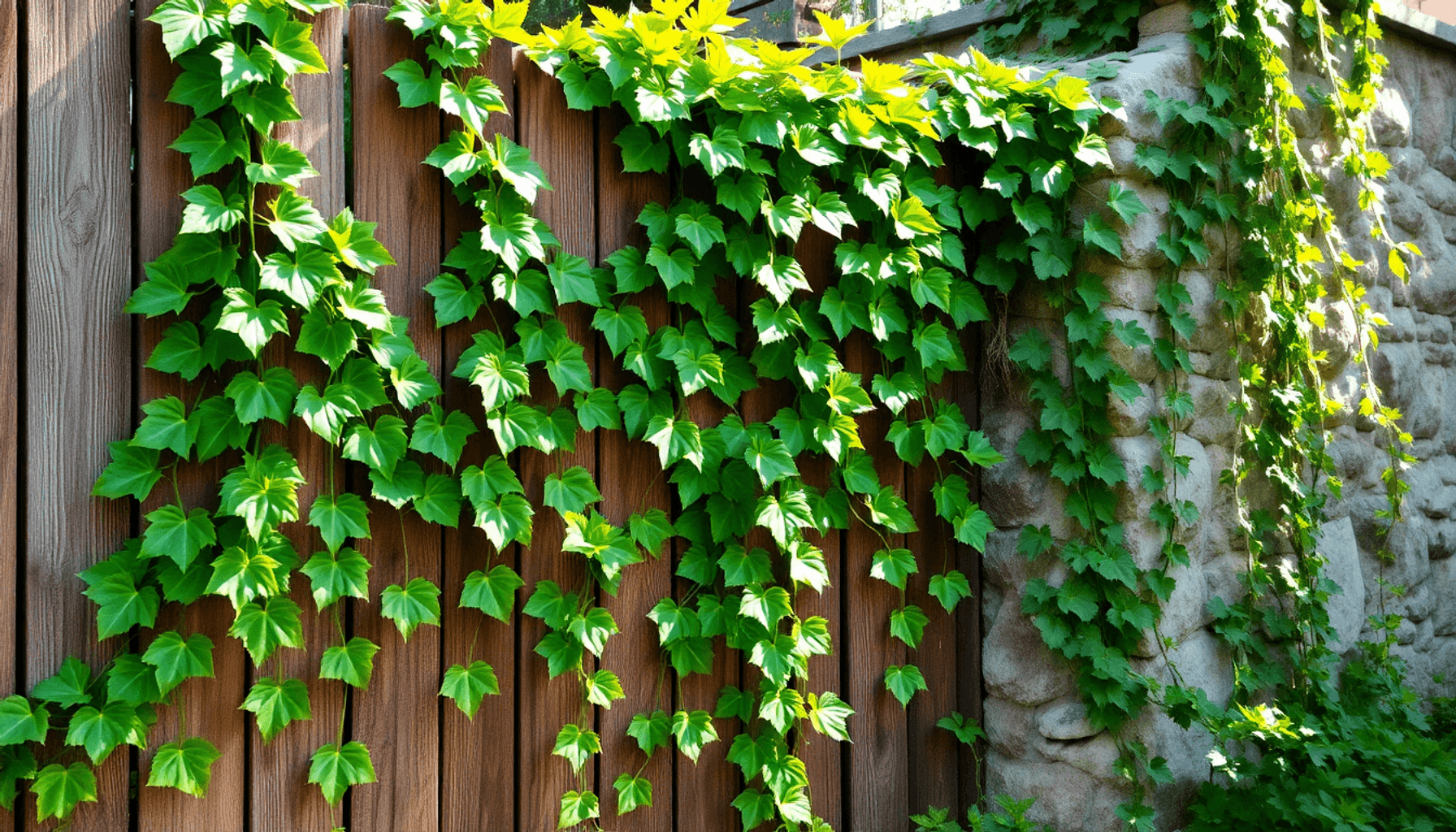 Lush green ivy climbing a rustic wooden fence and stone wall, bathed in soft sunlight with aerial roots, set in a serene garden. Lush green ivy climbing a rustic wooden fence and stone wall, bathed in soft sunlight with aerial roots, set in a serene garden.