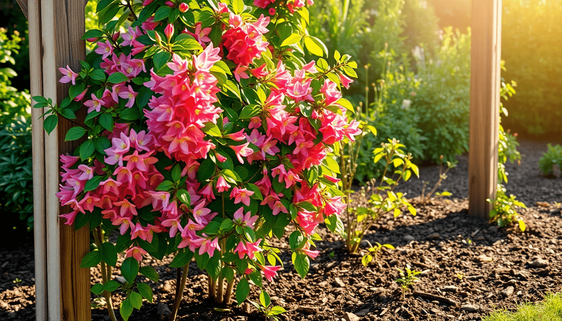 Lush honeysuckle flowers climbing a wooden trellis in a vibrant garden with green foliage and rich soil under soft sunlight.
