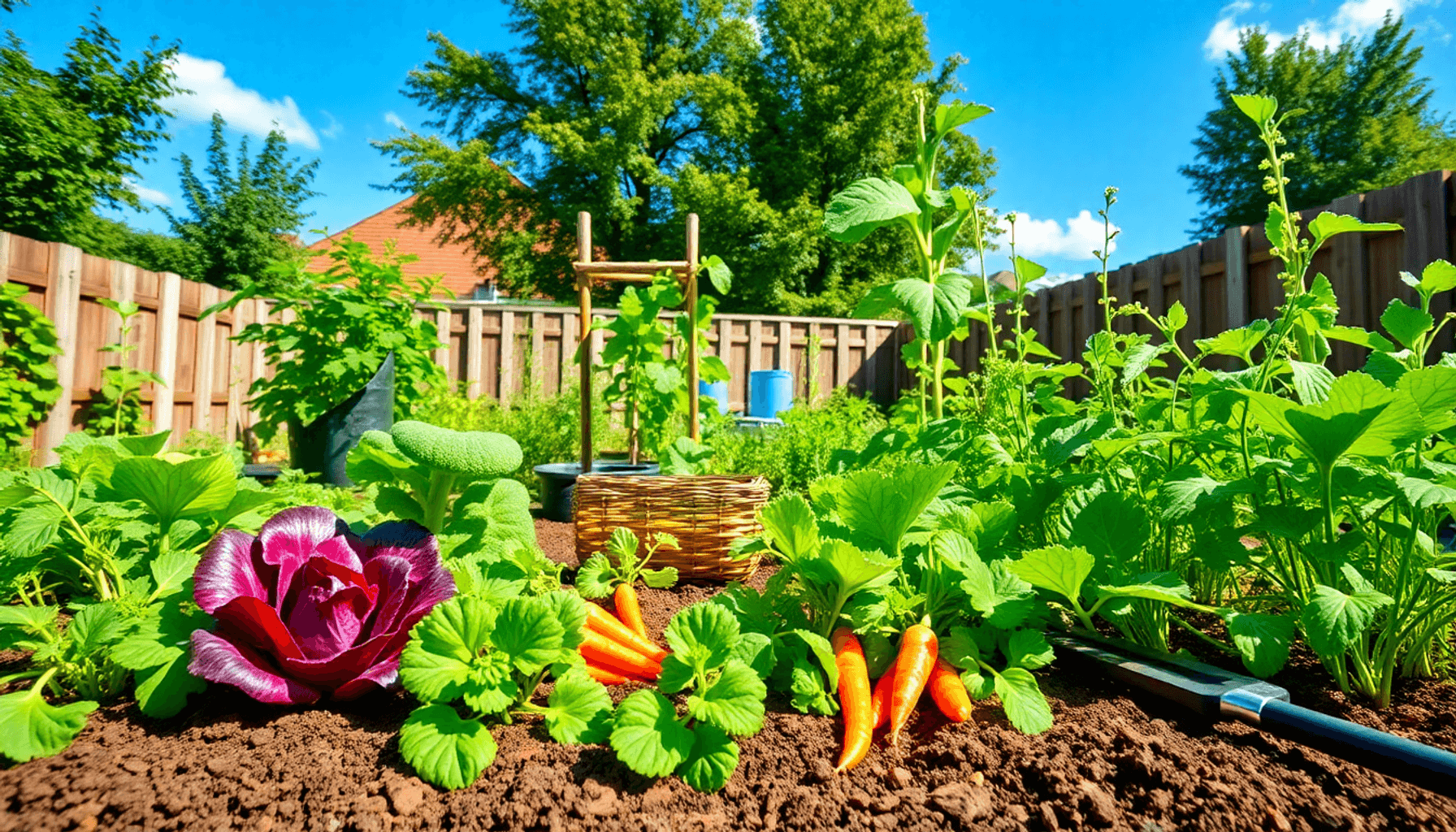 Lush vegetable garden with lettuce, carrots, and beans growing in rich soil under a bright blue sky, with gardening tools nearby in a sunny backyard. Lush vegetable garden with lettuce, carrots, and beans growing in rich soil under a bright blue sky, with gardening tools nearby in a sunny backyard.