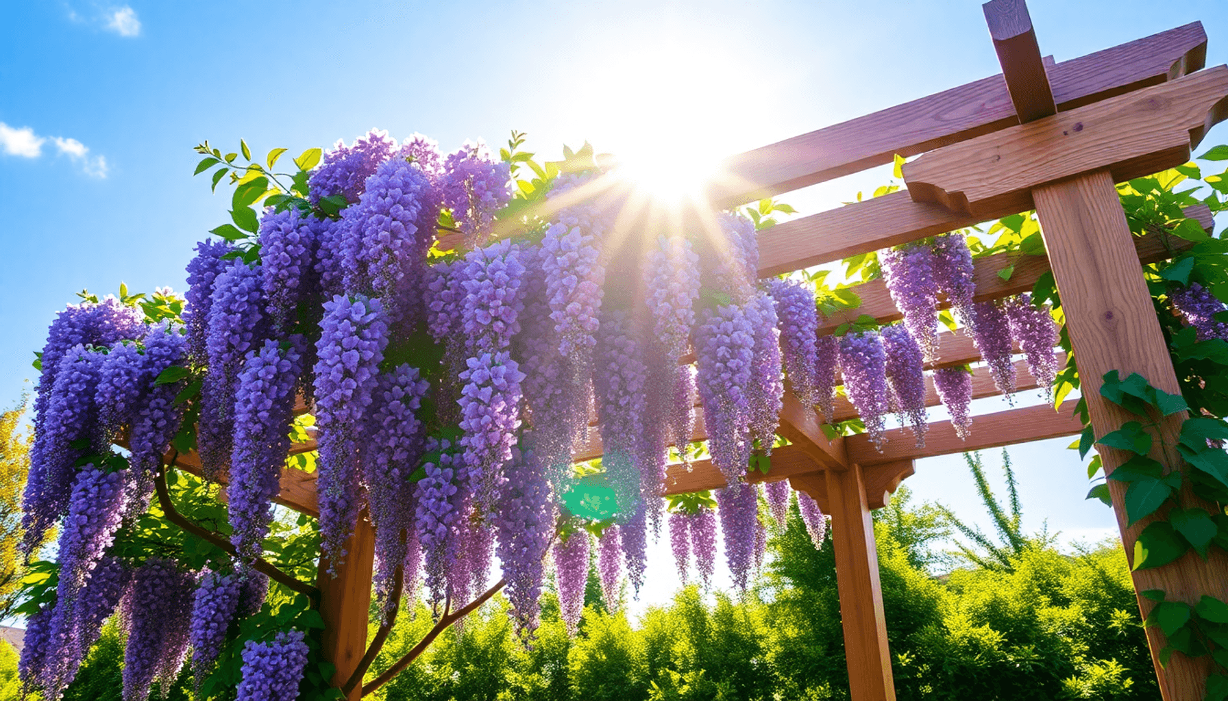 Lush wisteria vine with cascading purple flowers over a wooden pergola in bright sunlight, surrounded by green foliage and a clear blue sky. Lush wisteria vine with cascading purple flowers over a wooden pergola in bright sunlight, surrounded by green foliage and a clear blue sky.