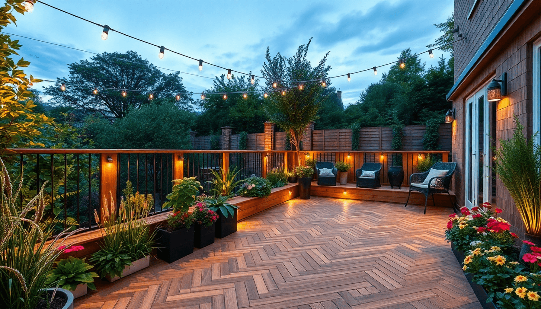 Raised timber garden deck with herringbone pattern, surrounded by greenery and flowers, illuminated by solar string lights and metal balustrades at...