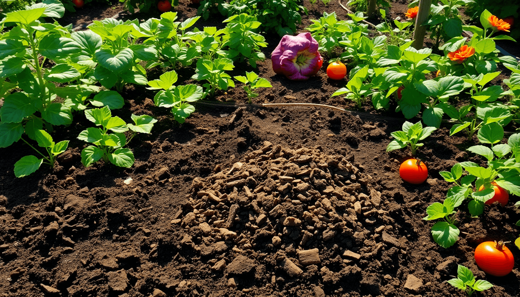 Rich dark soil enriched with crumbly compost surrounded by healthy green plants and colorful vegetables under warm sunlight in a vibrant garden. Rich dark soil enriched with crumbly compost surrounded by healthy green plants and colorful vegetables under warm sunlight in a vibrant garden.