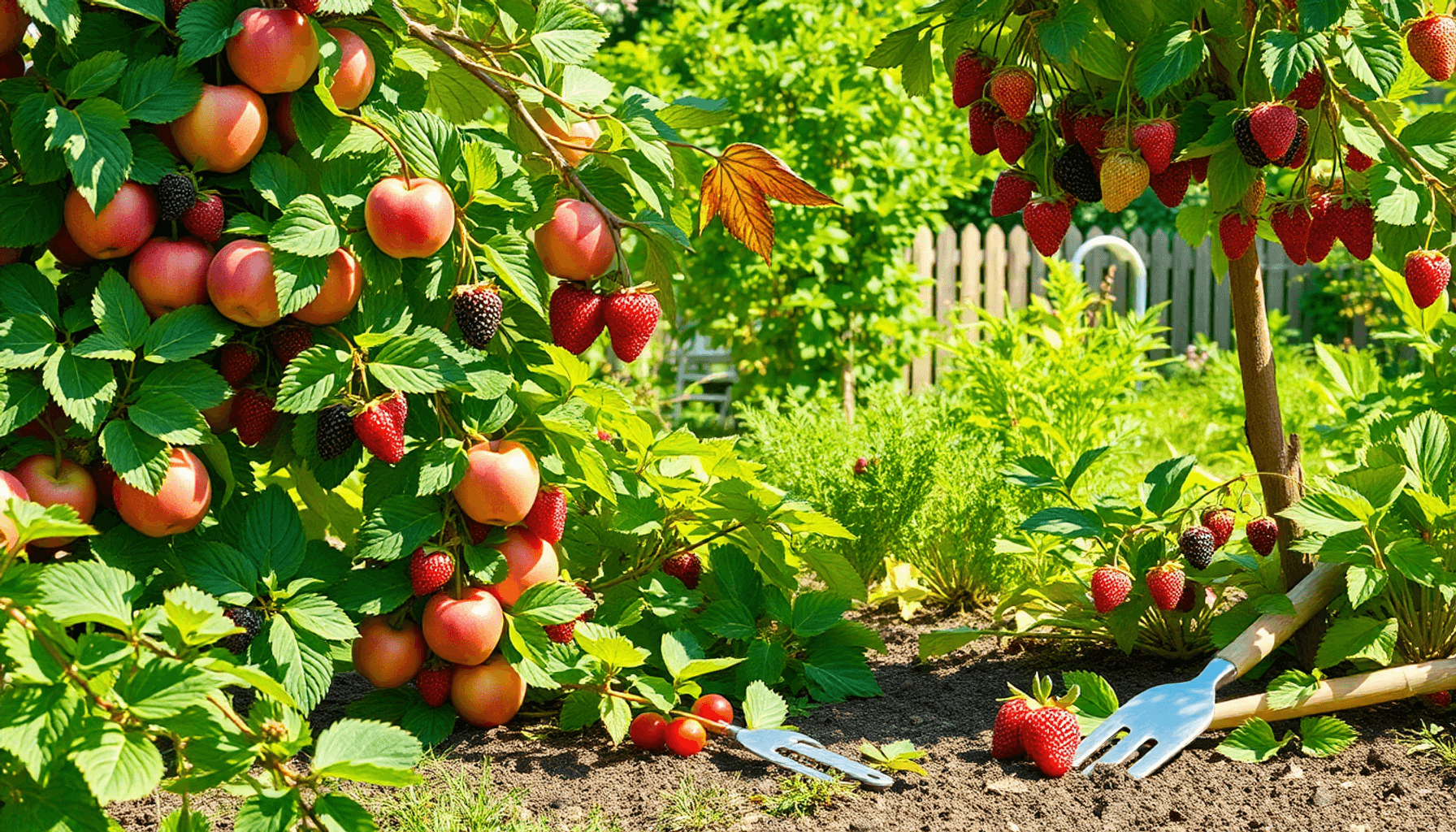 Sunlit English garden with ripe apples, strawberries, raspberries, and blackberries among green foliage, rich soil, and gardening tools nearby. Sunlit English garden with ripe apples, strawberries, raspberries, and blackberries among green foliage, rich soil, and gardening tools nearby.