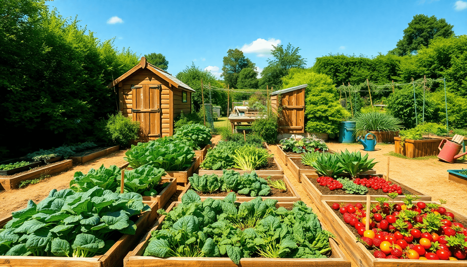 Sunlit UK allotment garden with vegetable beds, berry bushes, compost bins, garden shed, tools, and lush greenery under a clear blue sky. Sunlit UK allotment garden with vegetable beds, berry bushes, compost bins, garden shed, tools, and lush greenery under a clear blue sky.