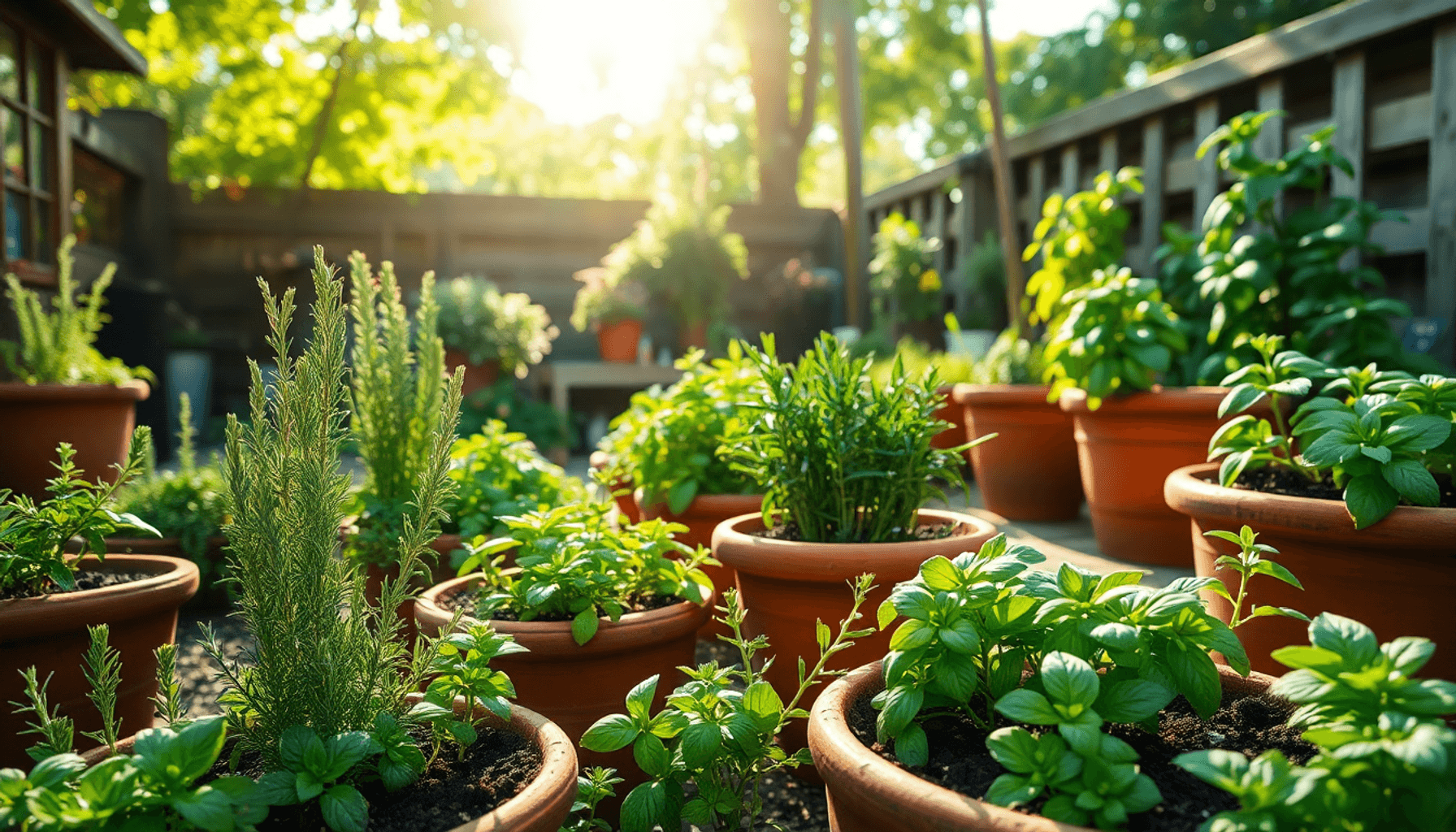 Sunlit UK backyard garden with lush herb plants in clay pots and raised beds, surrounded by leafy trees and healthy soil in a cozy, natural setting. Sunlit UK backyard garden with lush herb plants in clay pots and raised beds, surrounded by leafy trees and healthy soil in a cozy, natural setting.