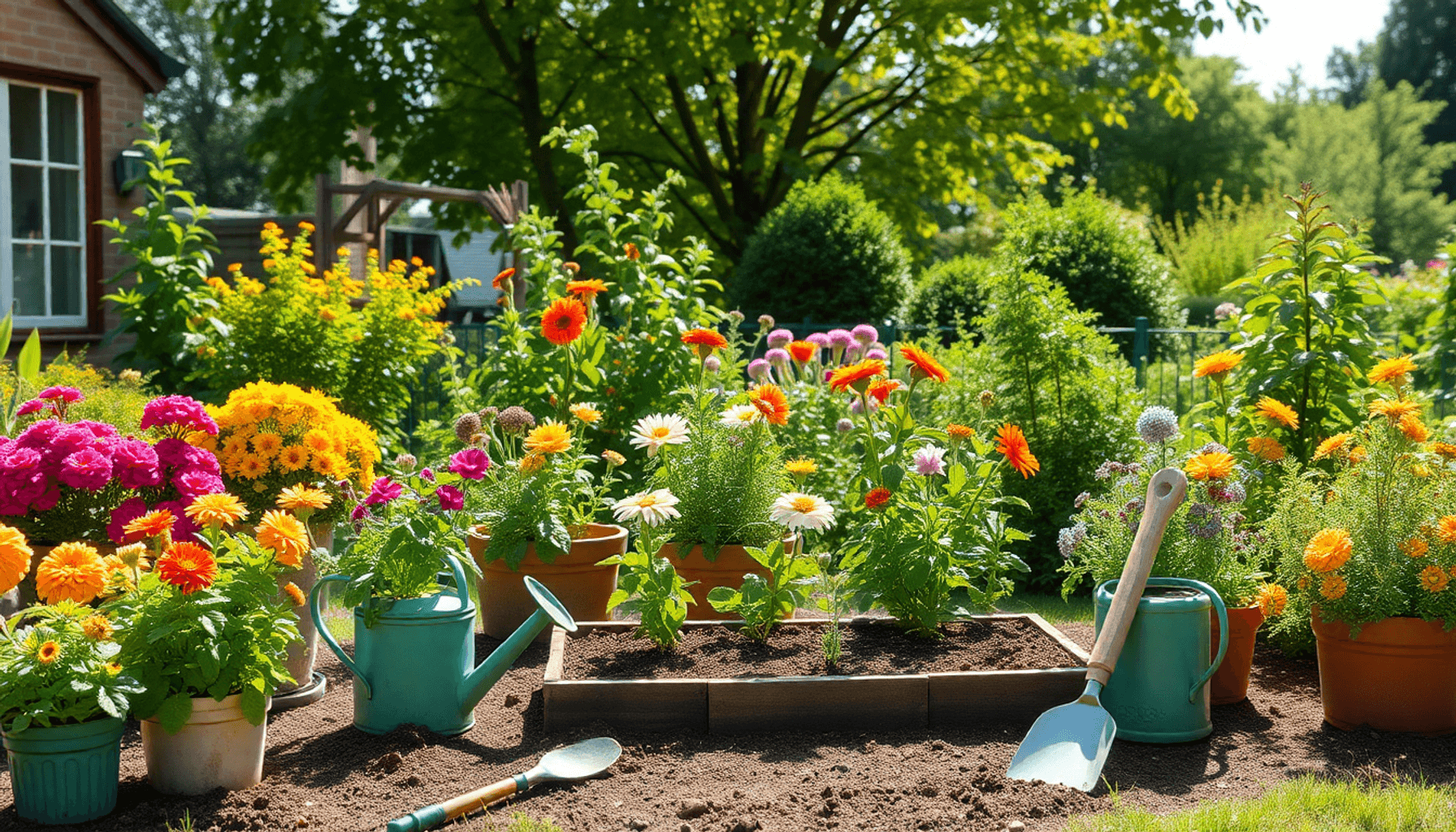 Sunlit UK garden with flowering shrubs, vegetable containers, bee-friendly flowers, allotment plot, and gardening tools under leafy trees. Sunlit UK garden with flowering shrubs, vegetable containers, bee-friendly flowers, allotment plot, and gardening tools under leafy trees.