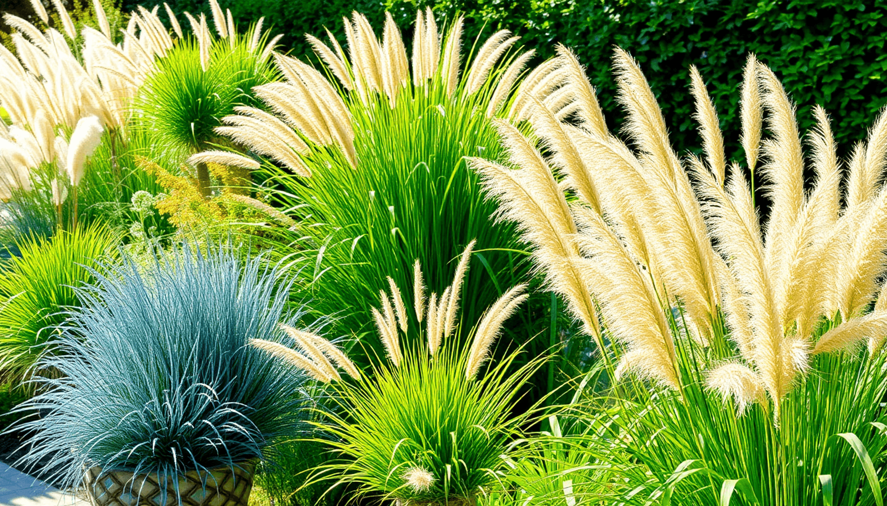 Sunlit UK garden with ornamental grasses in pots and borders, lush green foliage, and soft light highlighting the textures and movement of the plants. Sunlit UK garden with ornamental grasses in pots and borders, lush green foliage, and soft light highlighting the textures and movement of the plants.