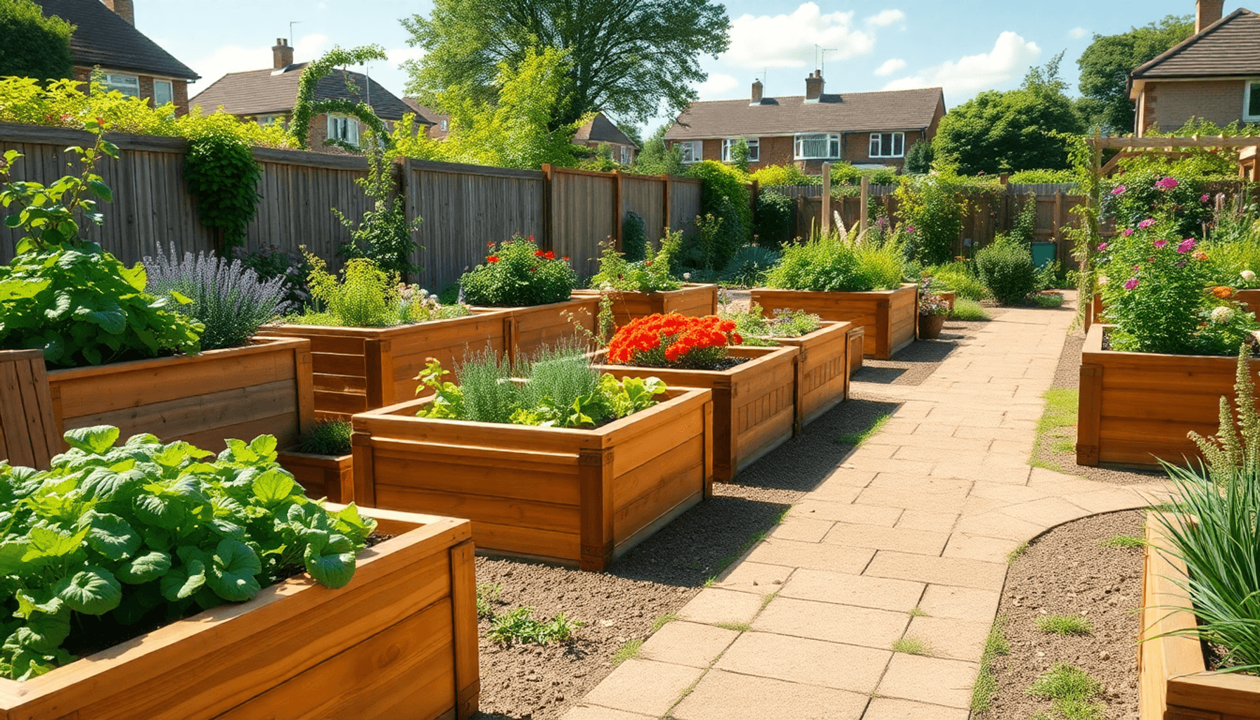 Sunlit UK garden with wooden raised beds of green vegetables, herbs, colorful flowers, curved wide paths, and a blue sky over a suburban background. Sunlit UK garden with wooden raised beds of green vegetables, herbs, colorful flowers, curved wide paths, and a blue sky over a suburban background.