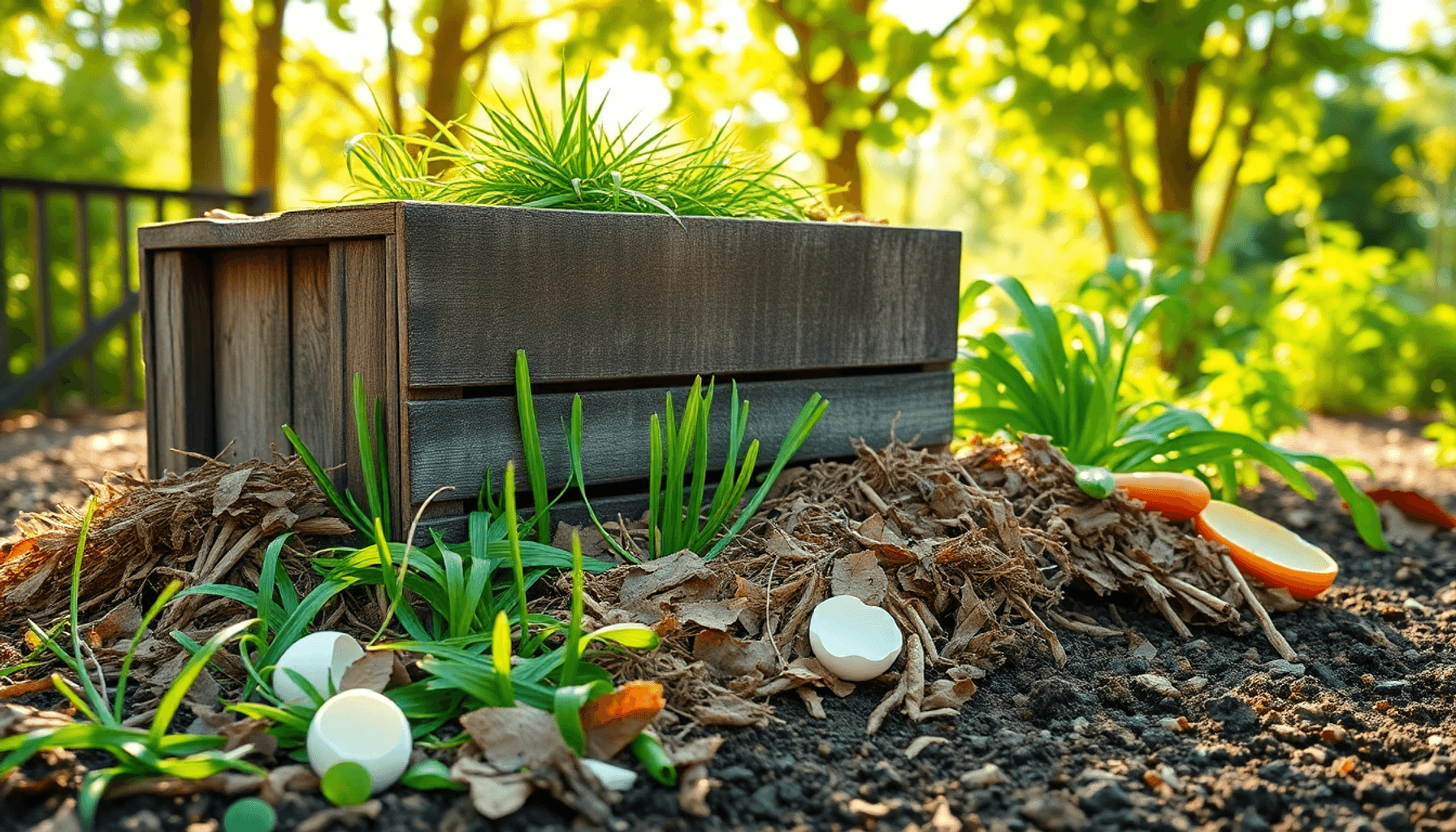 Sunlit garden with a rustic compost bin surrounded by organic materials and natural elements, bathed in soft sunlight through leafy trees. Sunlit garden with a rustic compost bin surrounded by organic materials and natural elements, bathed in soft sunlight through leafy trees.